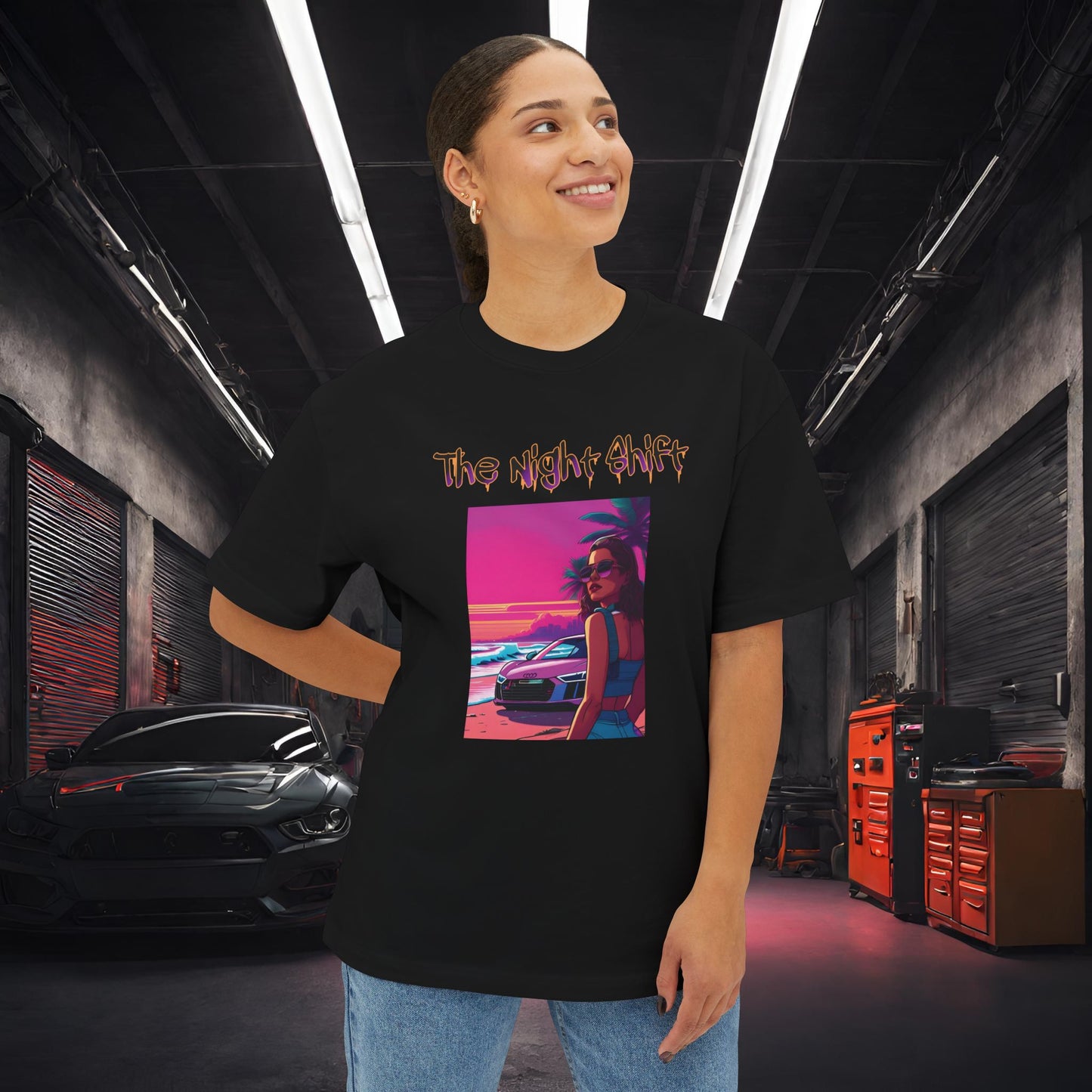 Audi R8 Beach Cruise Synthwave-Premium, Ultra Soft Unisex Oversized Boxy Tee Printify by The Night Shift Automotive Apparel