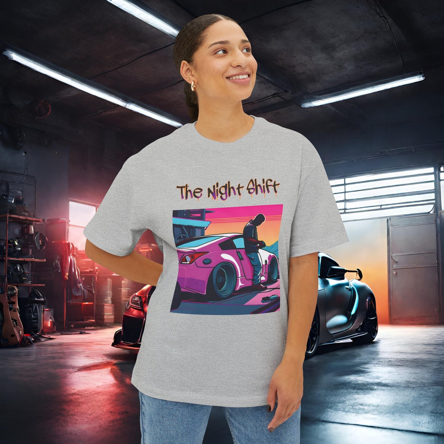 Nissan 370z Synthwave-Premium, Ultra Soft Unisex Oversized Boxy Tee Printify by The Night Shift Automotive Apparel