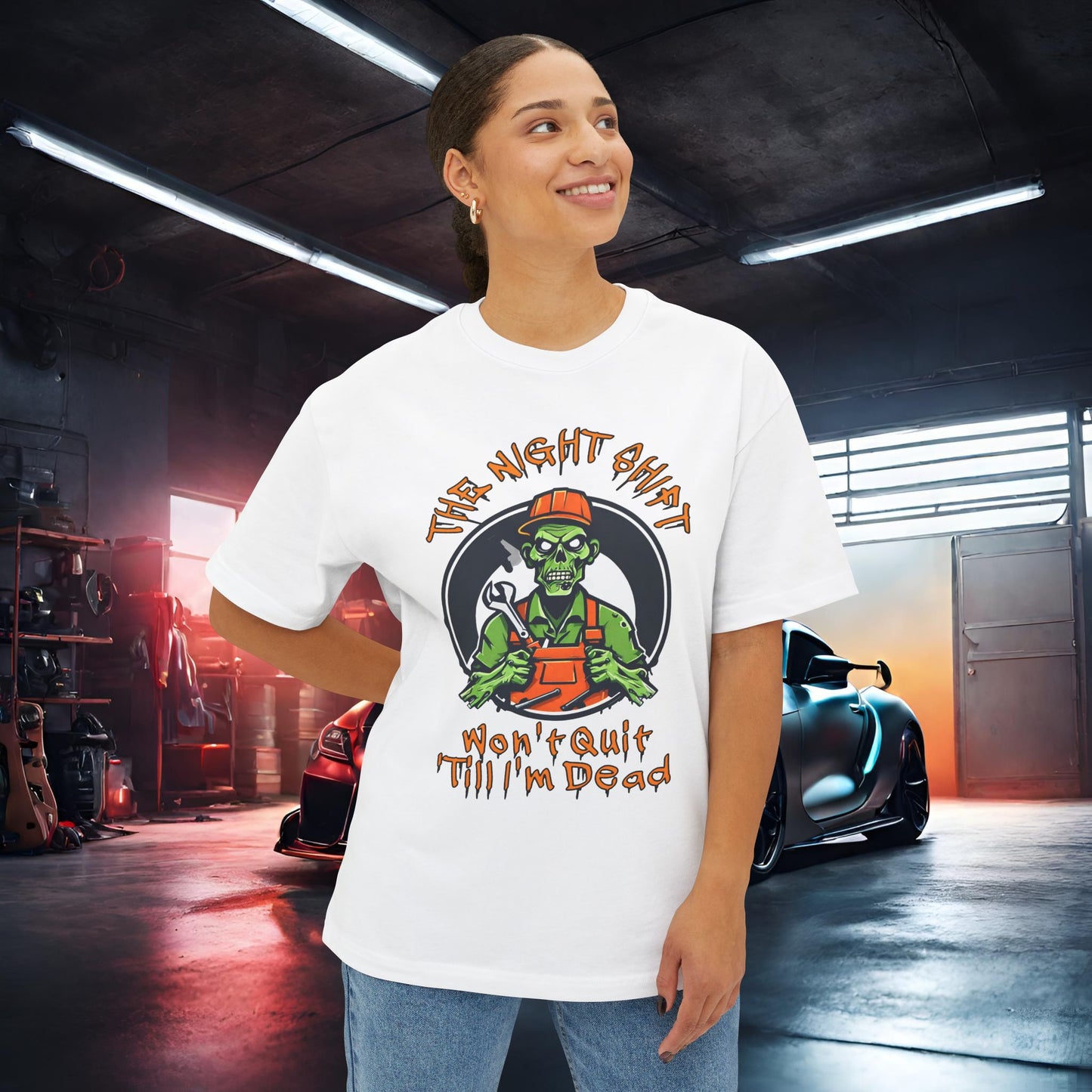 Zombie Mechanic-Premium, Ultra Soft Unisex Oversized Boxy Tee Printify by The Night Shift Automotive Apparel