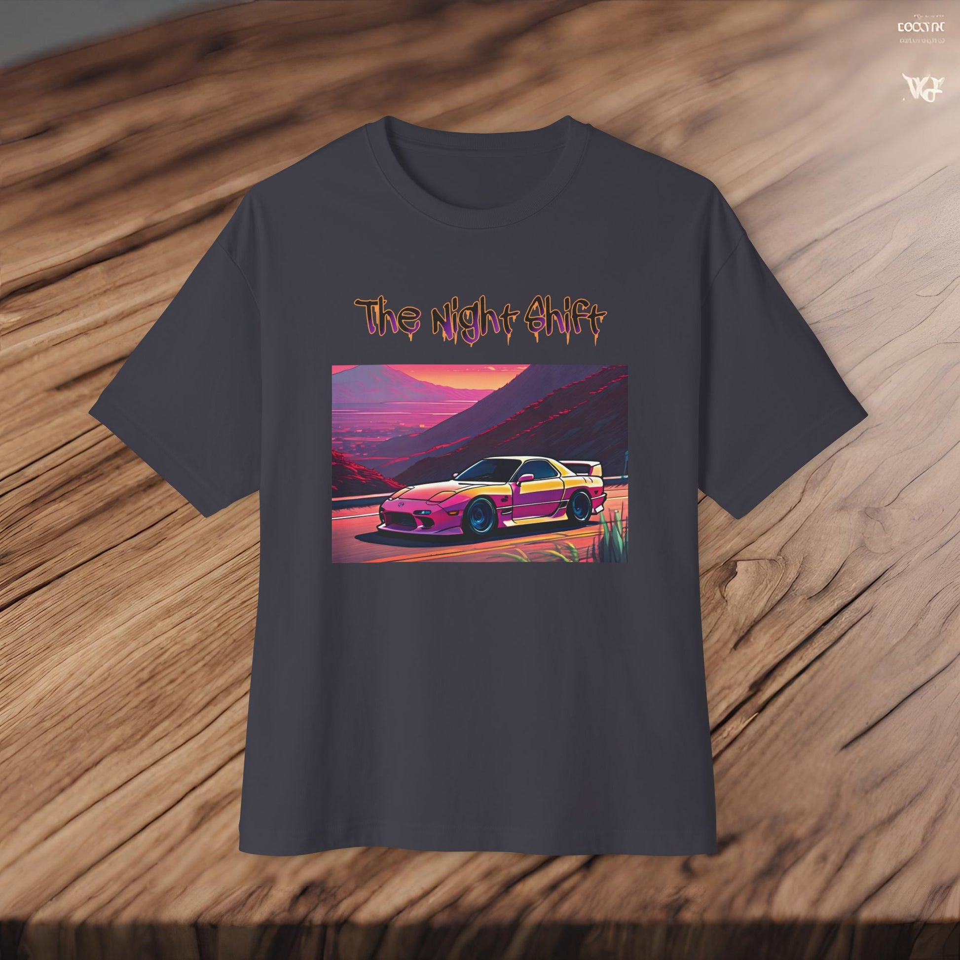 Mazda RX7 Synthwave-Premium, Ultra Soft Unisex Oversized Boxy Tee Printify by The Night Shift Automotive Apparel