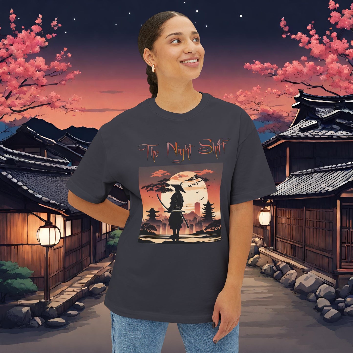 Samurai Full Moon Silhouette-Premium, Ultra Soft Unisex Oversized Boxy Tee Printify by The Night Shift Automotive Apparel