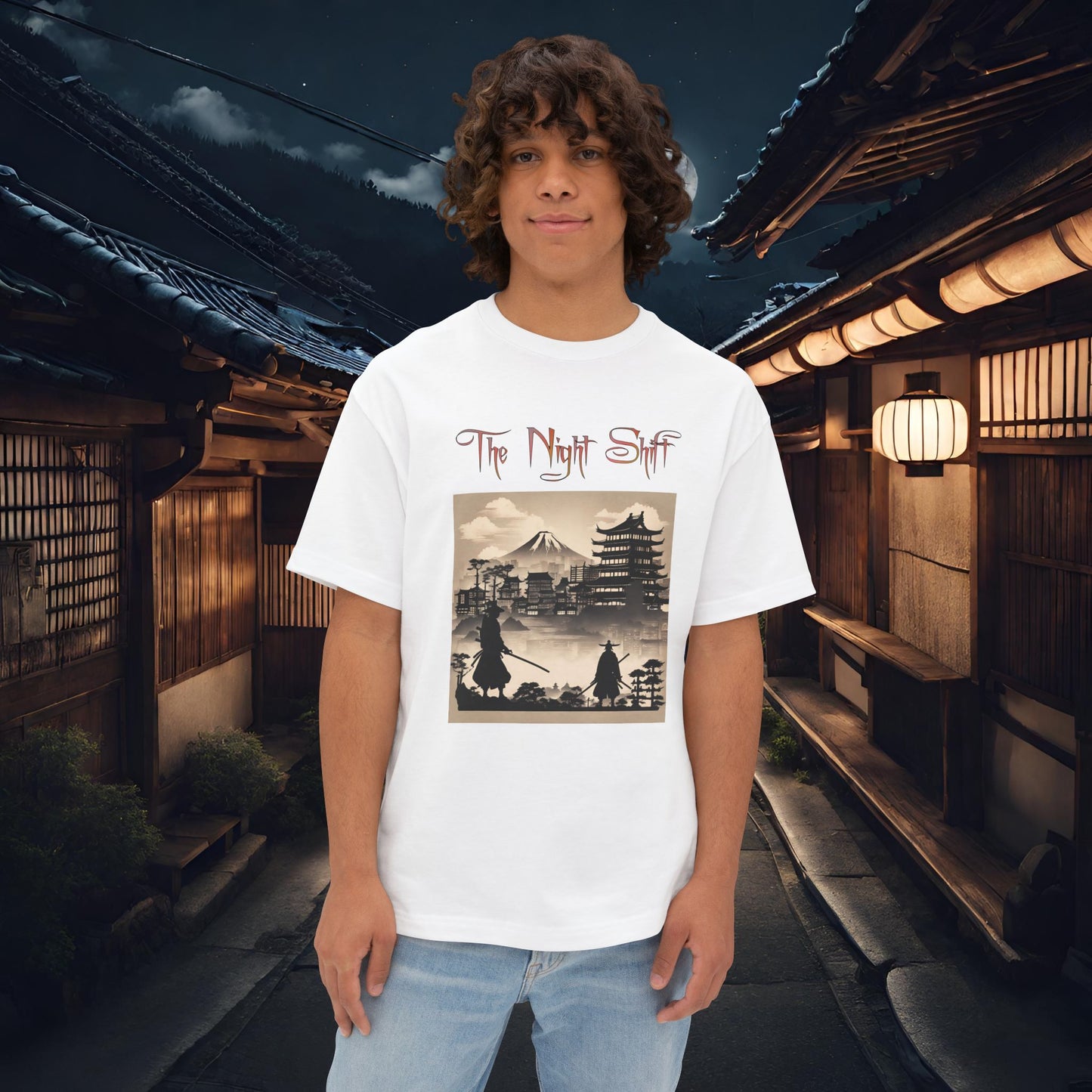 Samurai Silhouette-Premium, Ultra Soft Unisex Oversized Boxy Tee White Printify by The Night Shift Automotive Apparel