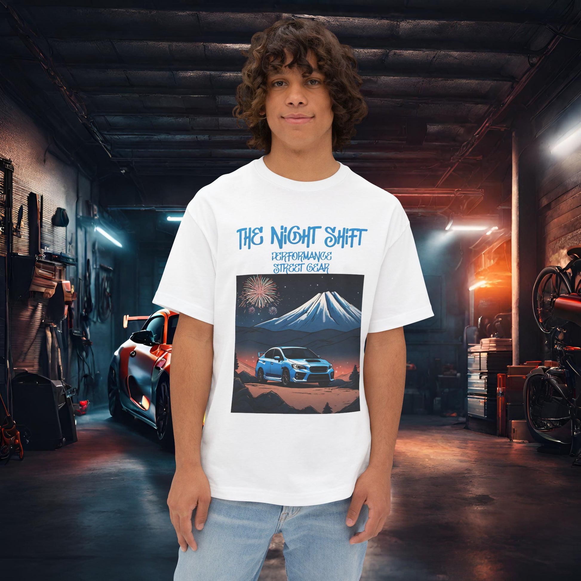 Subaru WRX/STI Fireworks In The Mountains-Premium, Ultra Soft Unisex Oversized Boxy Tee White Printify by The Night Shift Automotive Apparel