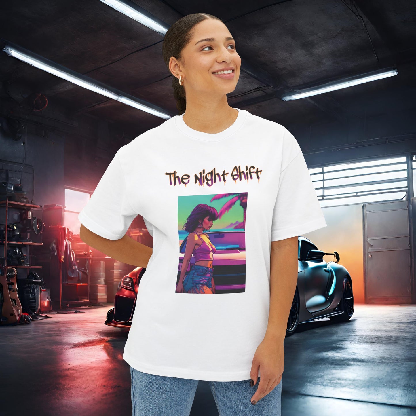 Summer Days Synthwave-Premium, Ultra Soft Unisex Oversized Boxy Tee Printify by The Night Shift Automotive Apparel