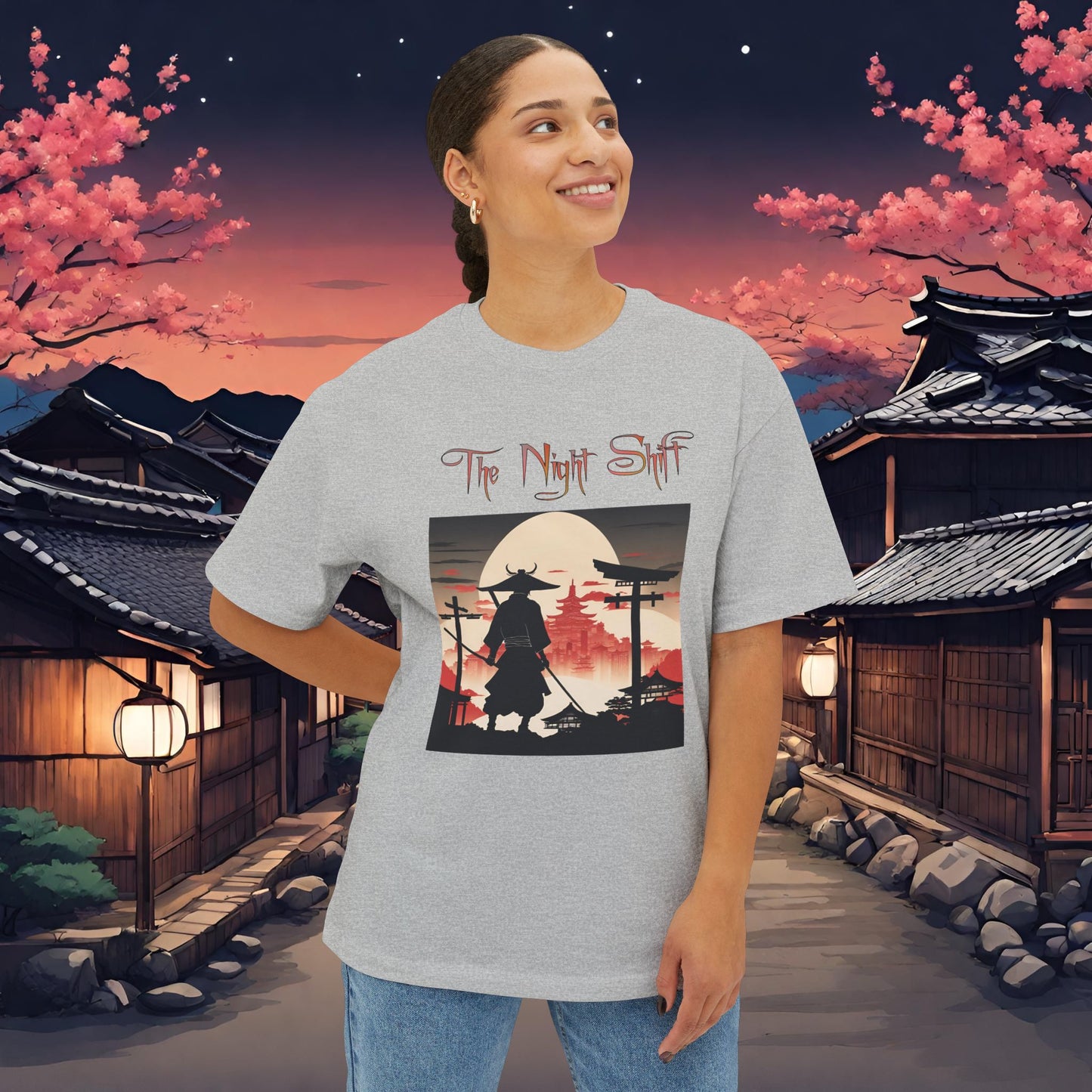 Samurai Full Moon Silhouette-Premium, Ultra Soft Unisex Oversized Boxy Tee Printify by The Night Shift Automotive Apparel
