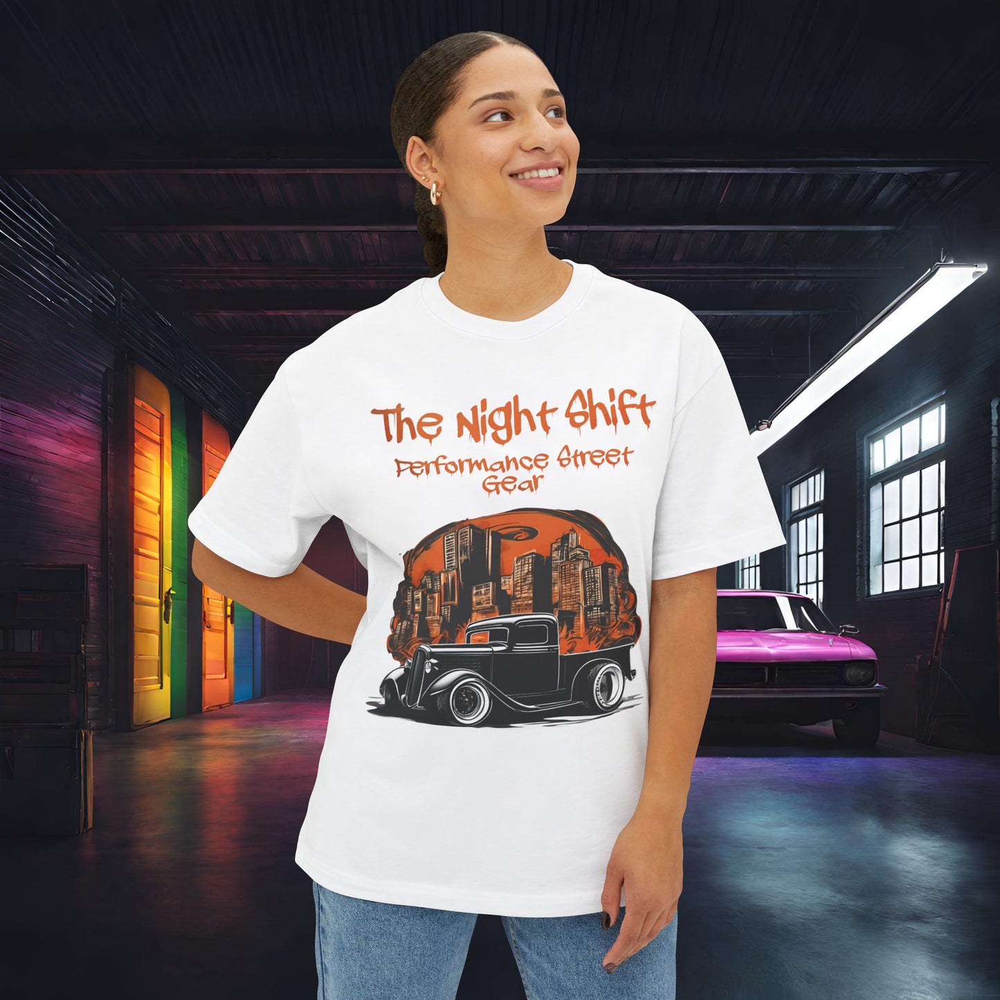1930's Hot Rod Pick Up Urban Streets-Premium, Ultra Soft Unisex Oversized Boxy Tee Printify by The Night Shift Automotive Apparel