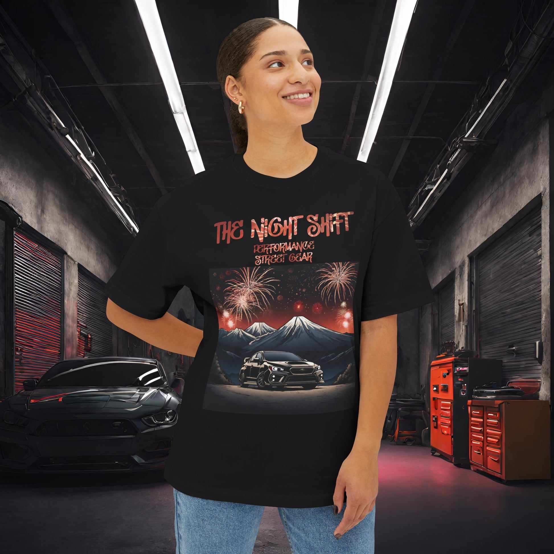 Subaru WRX/STI Fireworks In The Mountains-Premium, Ultra Soft Unisex Oversized Boxy Tee Printify by The Night Shift Automotive Apparel