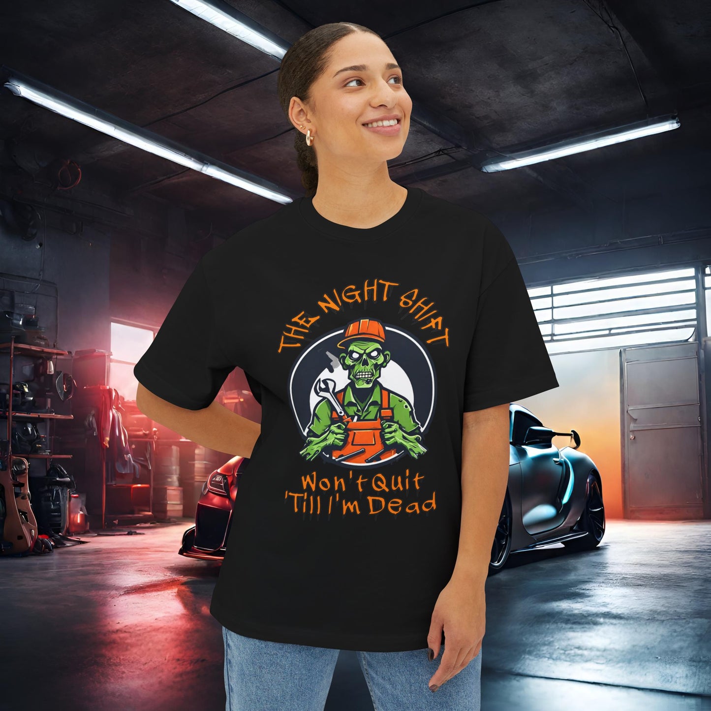 Zombie Mechanic-Premium, Ultra Soft Unisex Oversized Boxy Tee Printify by The Night Shift Automotive Apparel