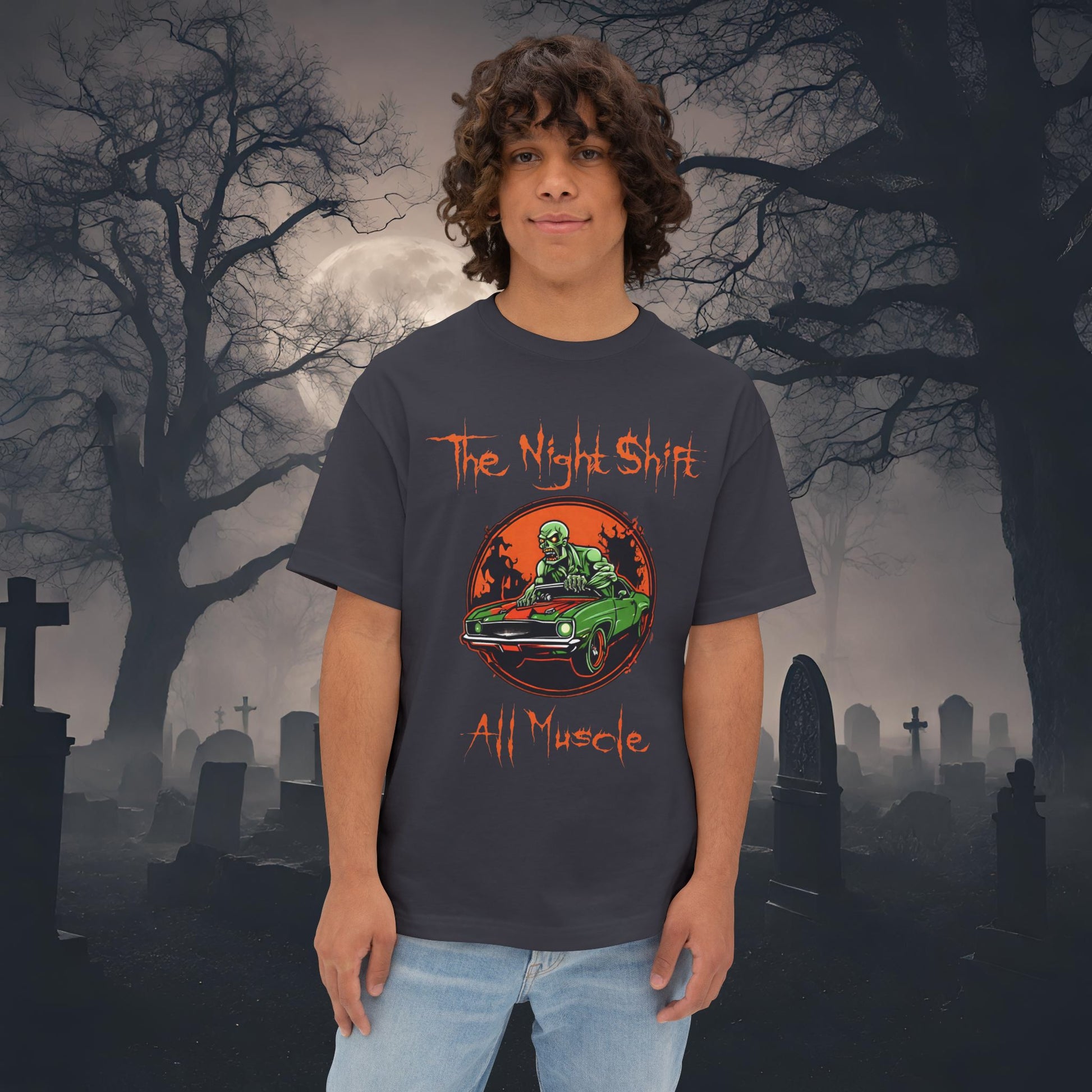 All Muscle Zombie Muscle Car-Premium, Ultra Soft Unisex Oversized Boxy Tee Dark Grey Printify by The Night Shift Automotive Apparel