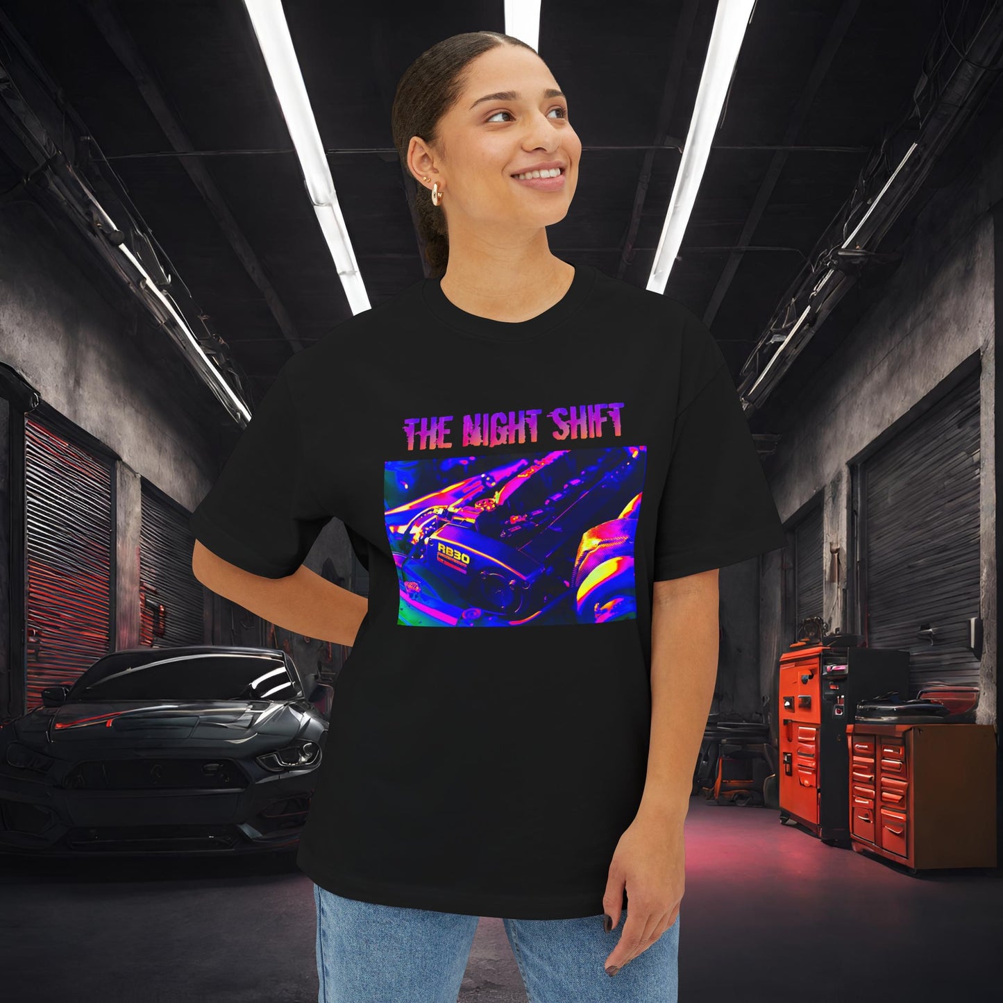 RB30 Synthwave-Premium, Ultra Soft Unisex Oversized Boxy Tee Printify by The Night Shift Automotive Apparel