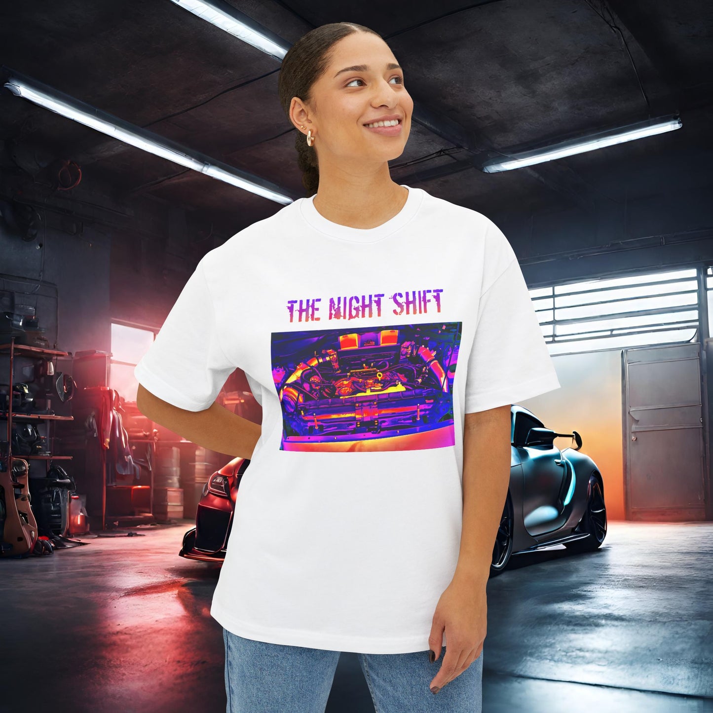 VQ37VHR Single Turbo-Premium, Ultra Soft Synthwave Unisex Oversized Boxy Tee Printify by The Night Shift Automotive Apparel