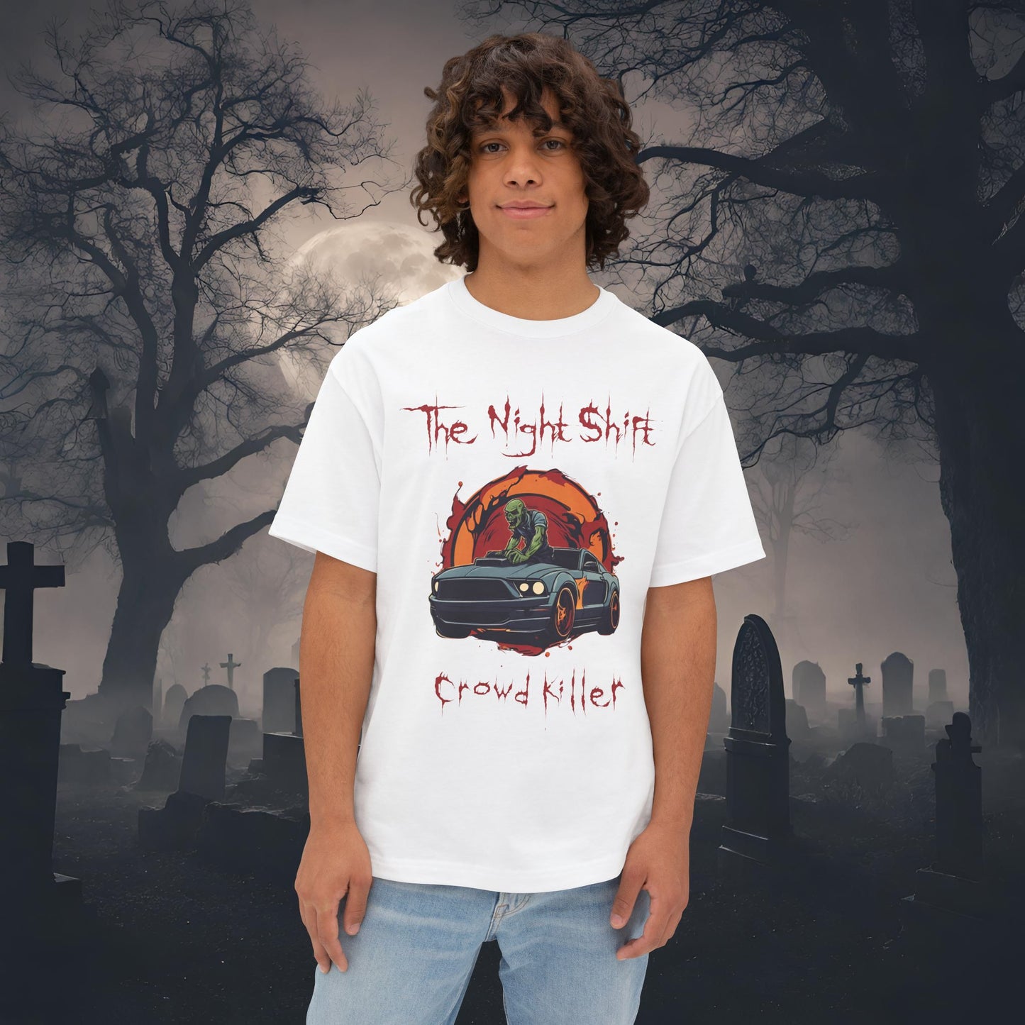 Crowd Killer Zombie Mustang-Premium, Ultra Soft Unisex Oversized Boxy Tee White Printify by The Night Shift Automotive Apparel