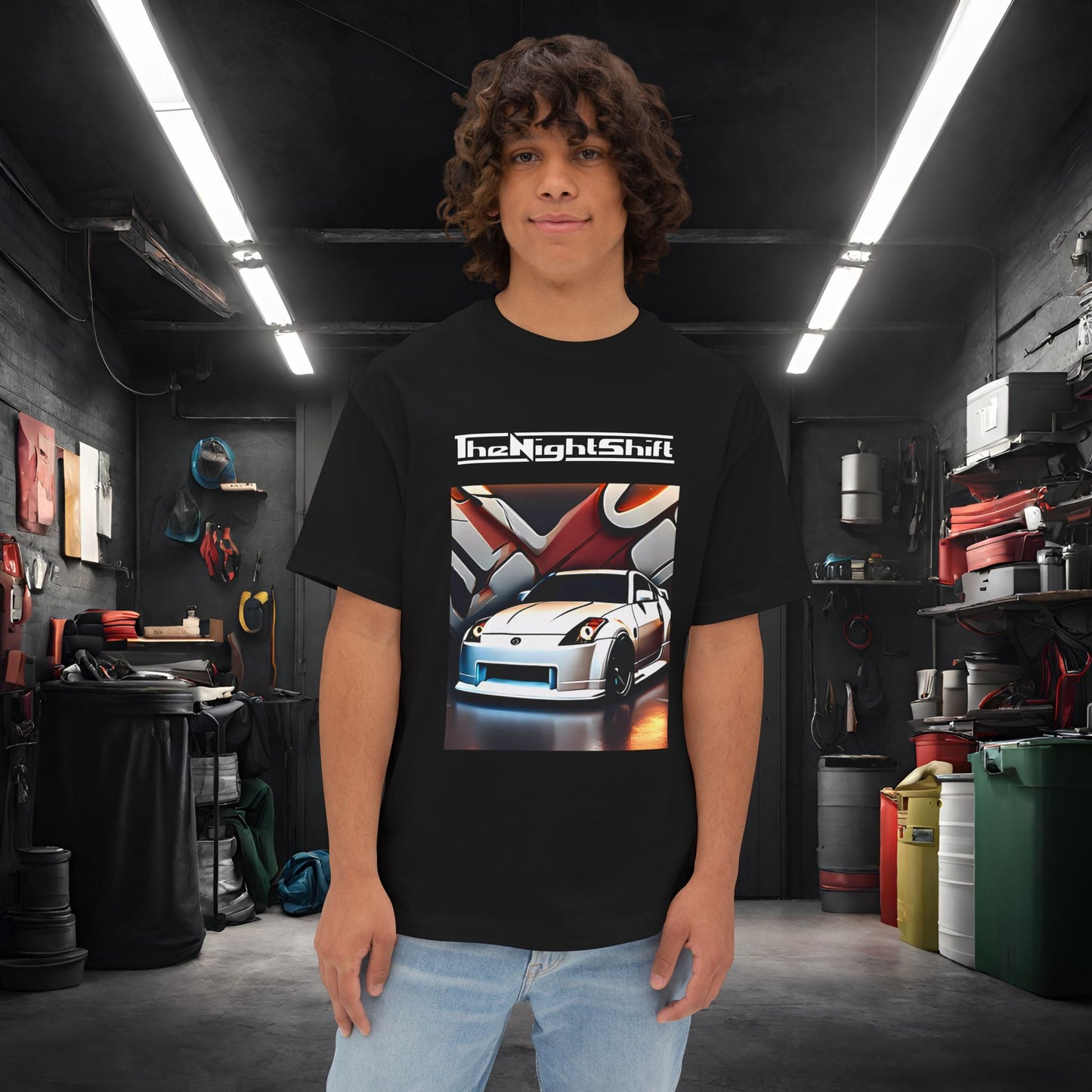 Nissan 350z Graffiti Wall-Premium, Ultra Soft, Unisex Oversized Boxy Tee Black Printify by The Night Shift Automotive Apparel