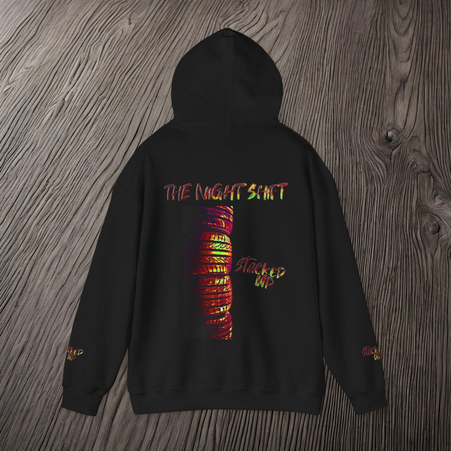 Stacked Up Track Tire Day Synthwave-Premium, Ultra Soft Unisex Hoodie Printify by The Night Shift Automotive Apparel