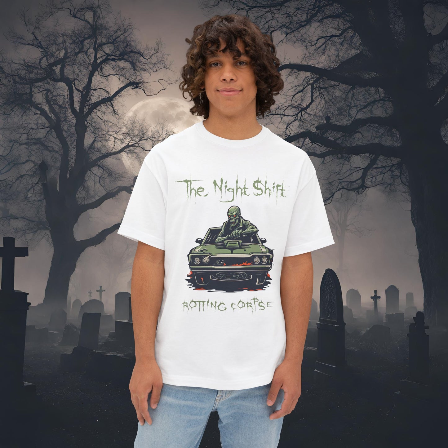 Rotting Corpse Zombie-Premium, Ultra Soft Unisex Oversized Boxy Tee White Printify by The Night Shift Automotive Apparel