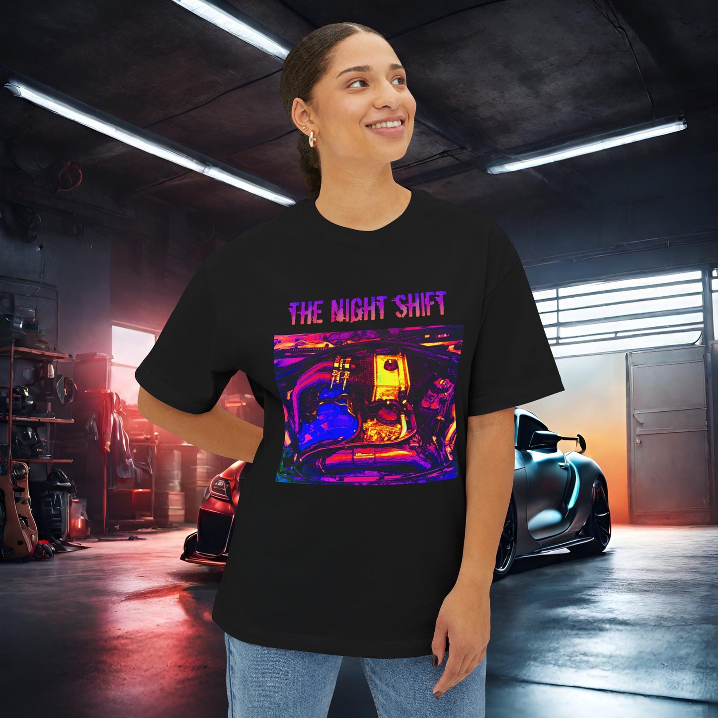 S55 Synthwave-Premium, Ultra Soft Unisex Oversized Boxy Tee Printify by The Night Shift Automotive Apparel