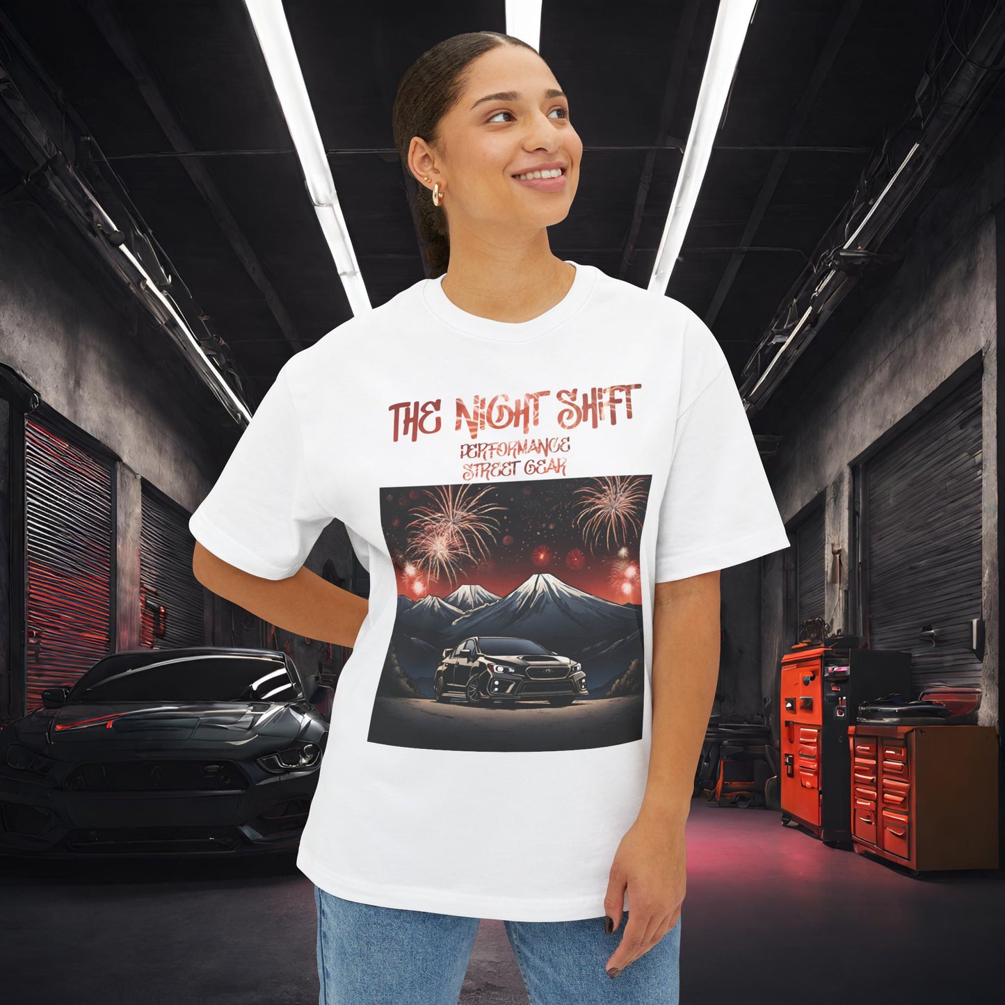 Subaru WRX/STI Fireworks In The Mountains-Premium, Ultra Soft Unisex Oversized Boxy Tee Printify by The Night Shift Automotive Apparel