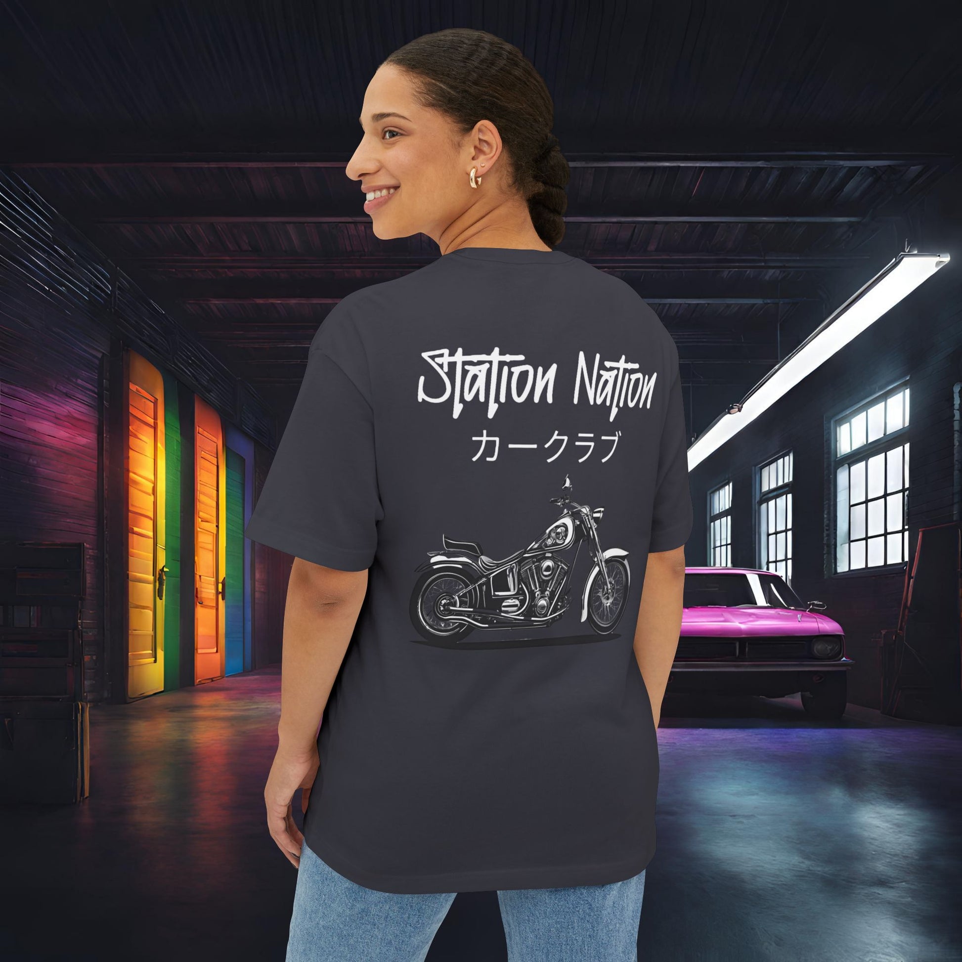 Station Nation-Premium, Ultra Soft Unisex Oversized Boxy Tee Dark Grey Printify by The Night Shift Automotive Apparel