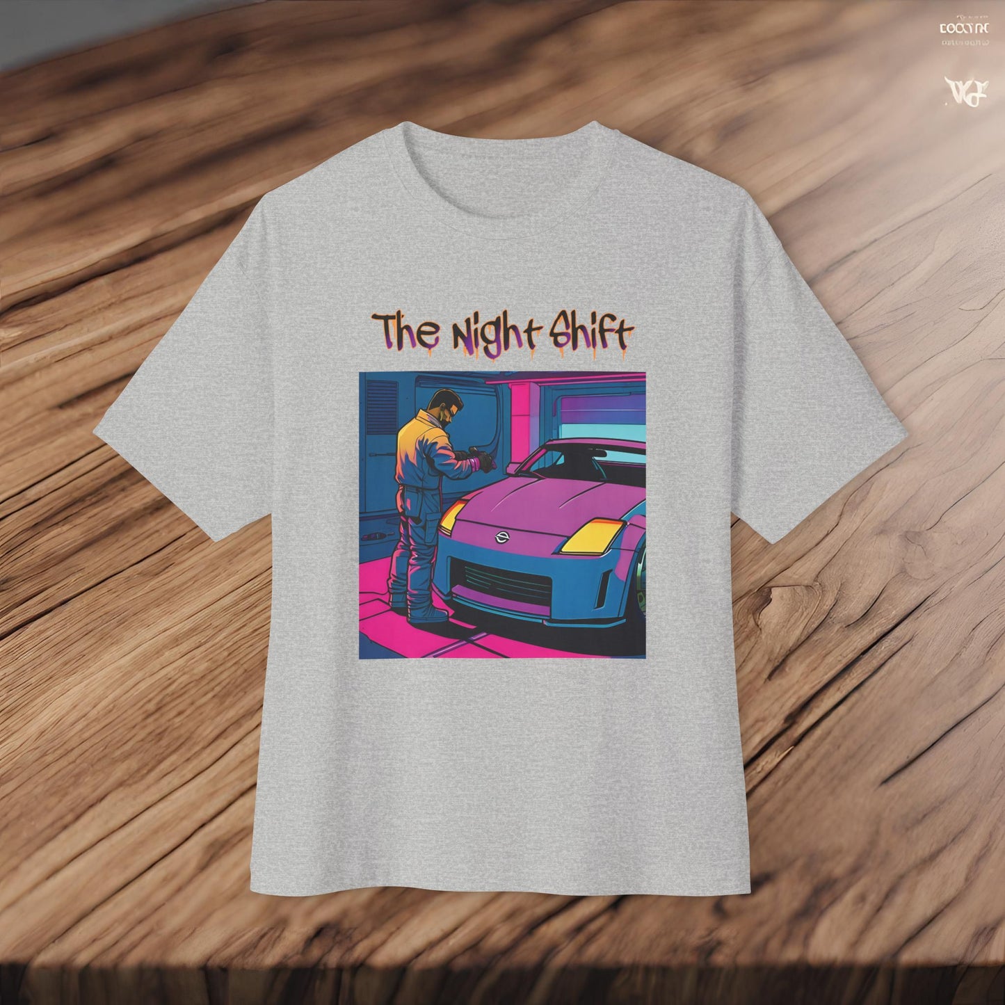 Nissan 350z Garage Queen Synthwave-Premium, Ultra Soft Unisex Oversized Boxy Tee Printify by The Night Shift Automotive Apparel