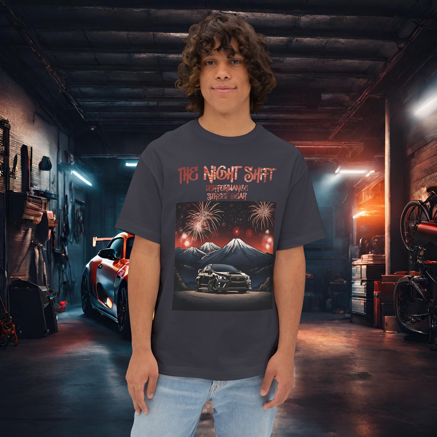 Subaru WRX/STI Fireworks In The Mountains-Premium, Ultra Soft Unisex Oversized Boxy Tee Dark Grey Printify by The Night Shift Automotive Apparel