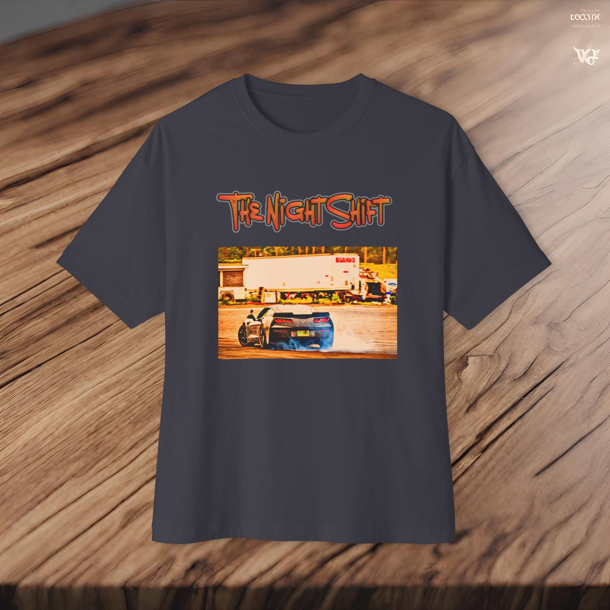 Chevy Corvette C7 Drifting Lebanon Valley-Premium, Ultra Soft Unisex Oversized Boxy Tee Printify by The Night Shift Automotive Apparel