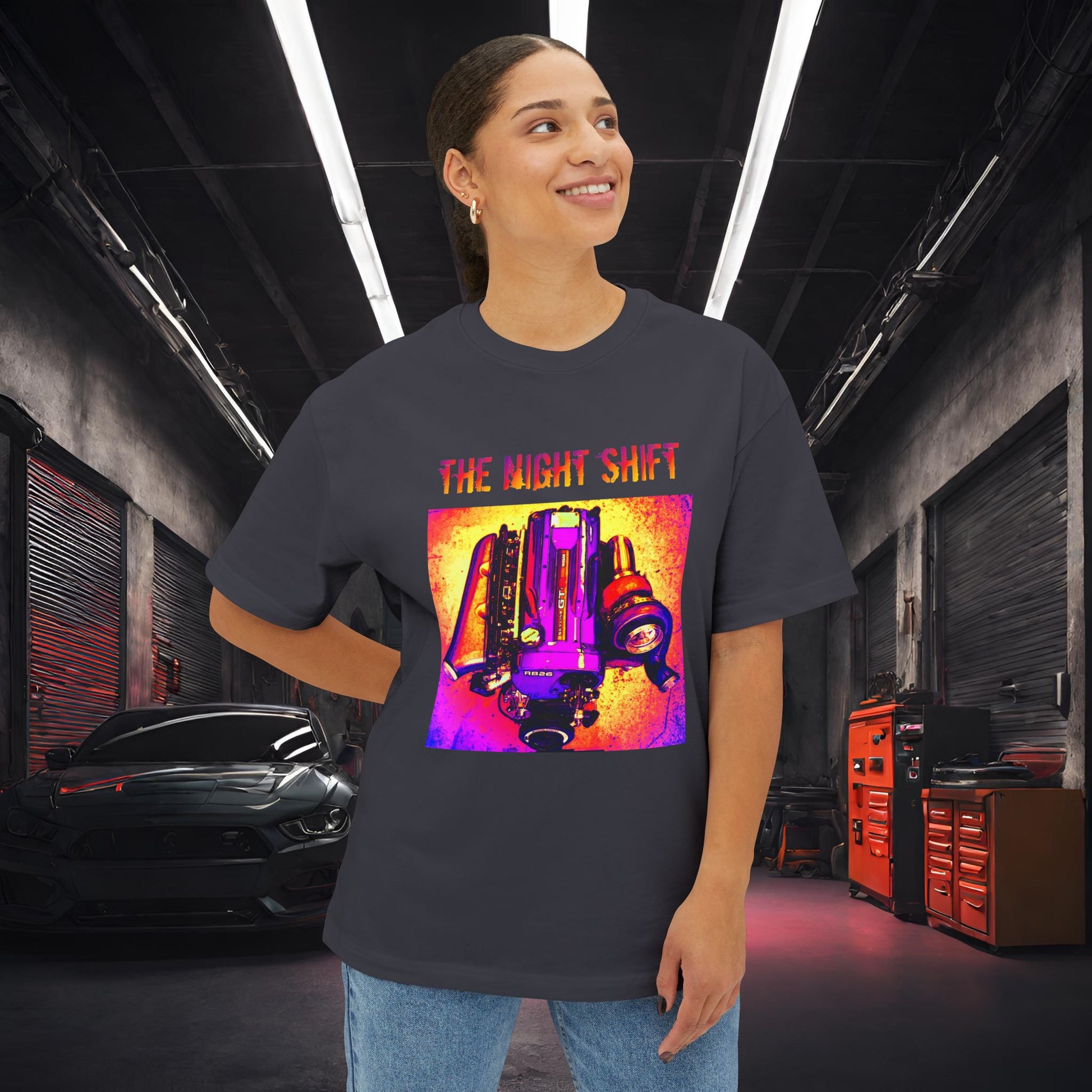 RB26DETT Synthwave-Premium, Ultra Soft Unisex Oversized Boxy Tee Printify by The Night Shift Automotive Apparel