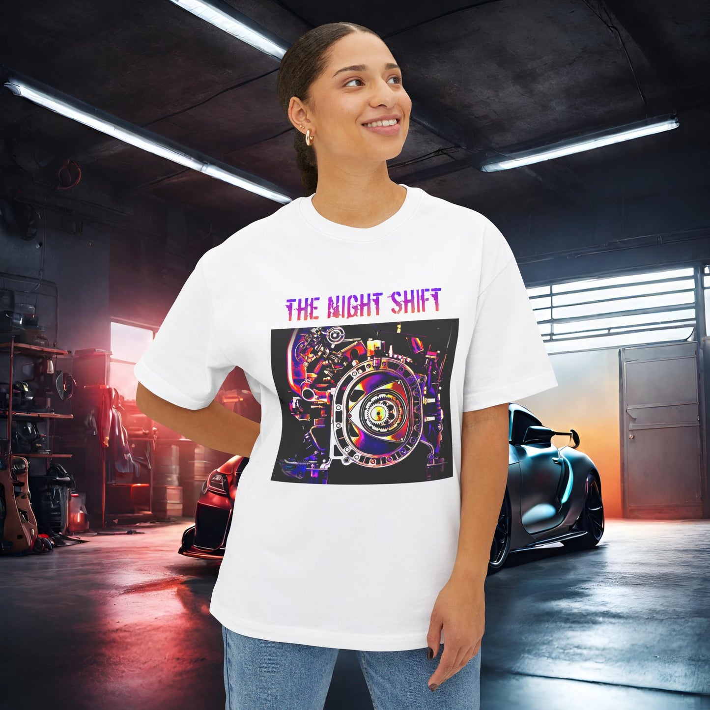13B-REW Synthwave-Premium, Ultra Soft Unisex Oversized Boxy Tee Printify by The Night Shift Automotive Apparel