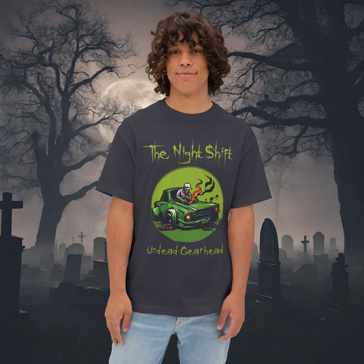 Undead Gearhead Zombie-Premium, Ultra Soft Unisex Oversized Boxy Tee Dark Grey Printify by The Night Shift Automotive Apparel
