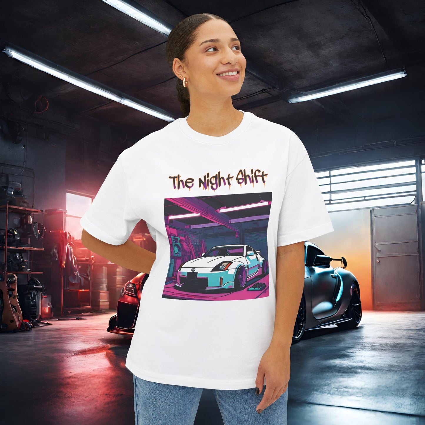 Nissan 350z Synthwave-Premium, Ultra Soft Unisex Oversized Boxy Tee Printify by The Night Shift Automotive Apparel
