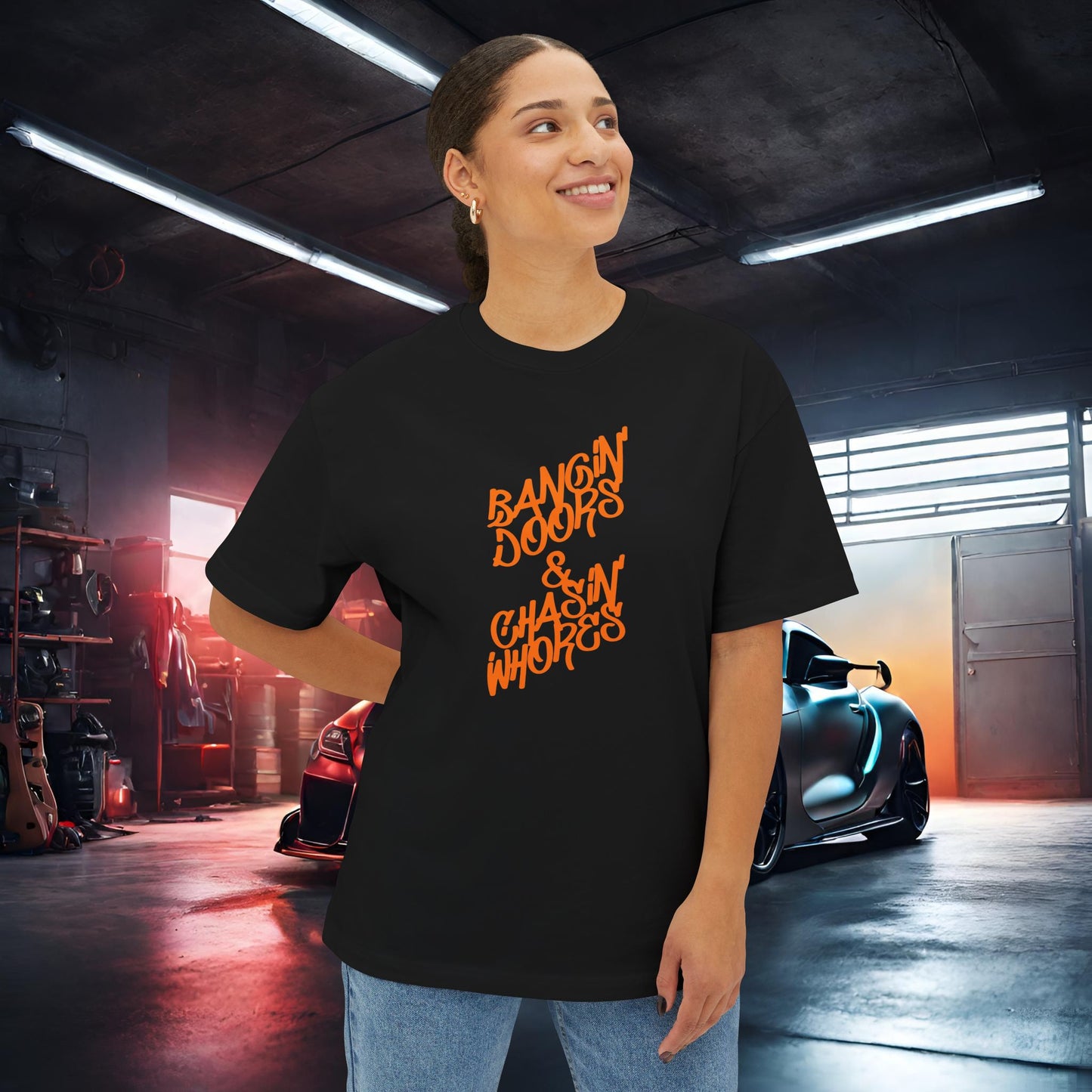 Bangin' Doors & Chasin' Whores-Premium, Ultra Soft Unisex Oversized Boxy Tee Printify by The Night Shift Automotive Apparel