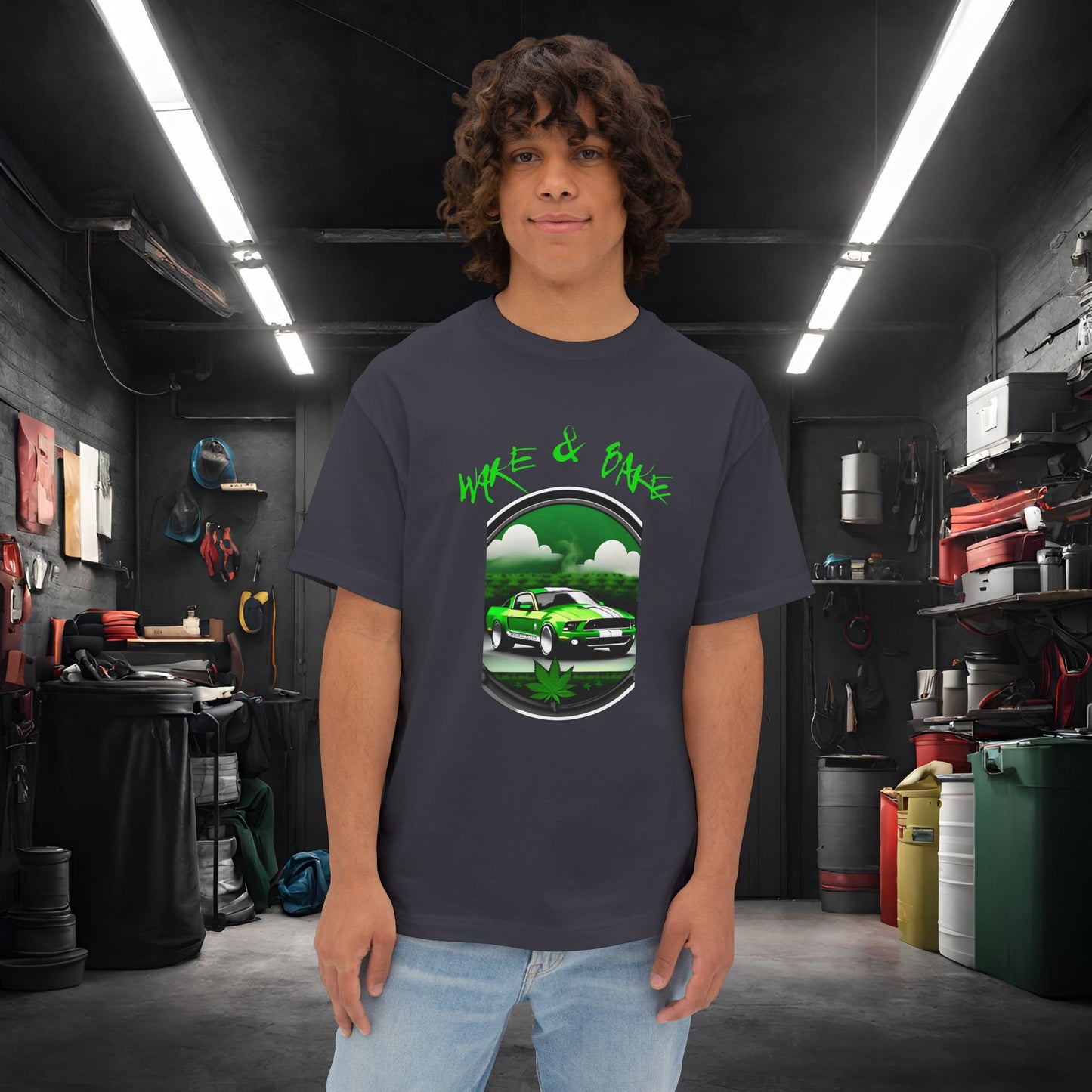 Wake And Bake-Premium, Ultra Soft Unisex Oversized Boxy Tee Dark Grey Printify by The Night Shift Automotive Apparel