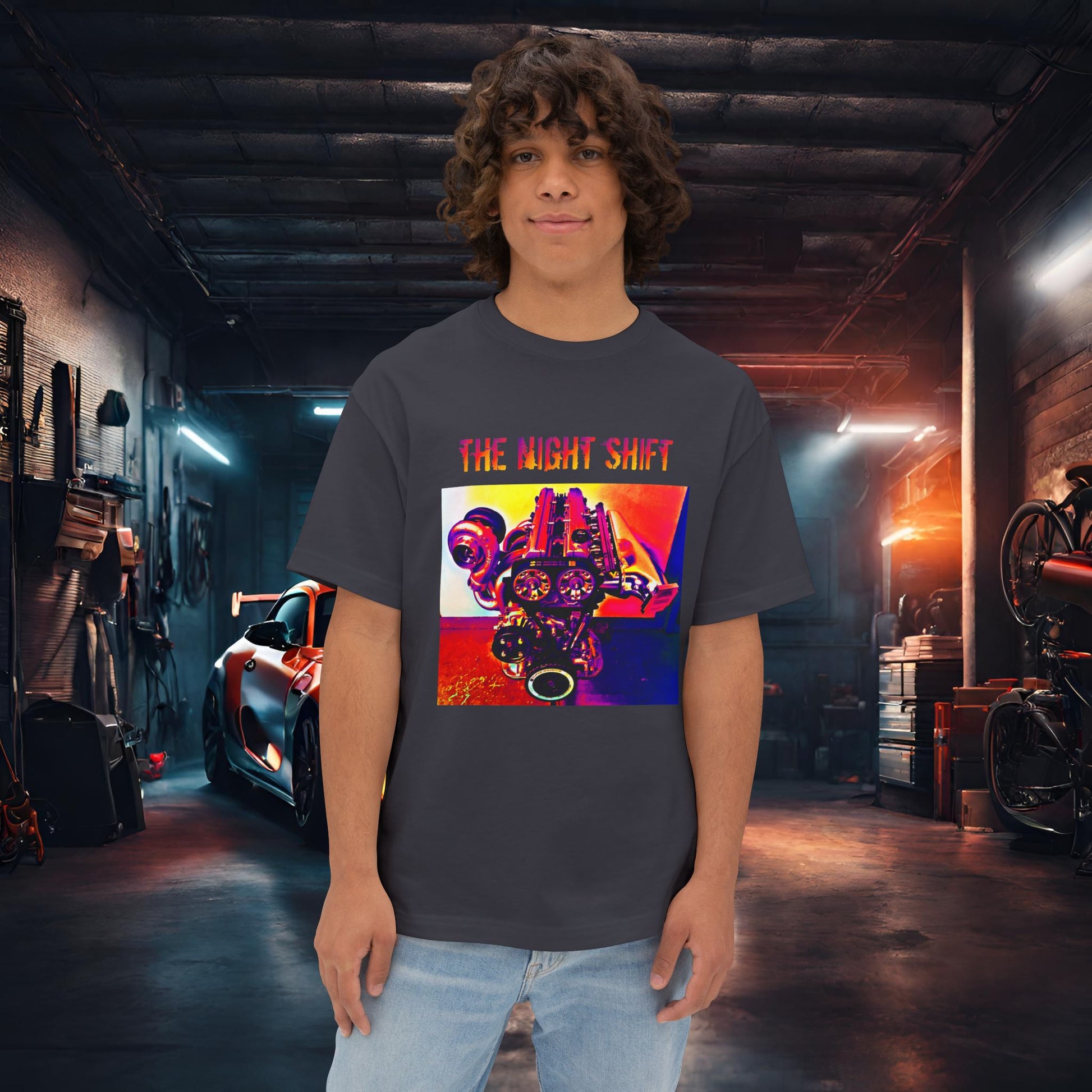 2JZ-GTE Single Turbo Synthwave-Premium, Ultra Soft Unisex Oversized Boxy Tee Dark Grey Printify by The Night Shift Automotive Apparel