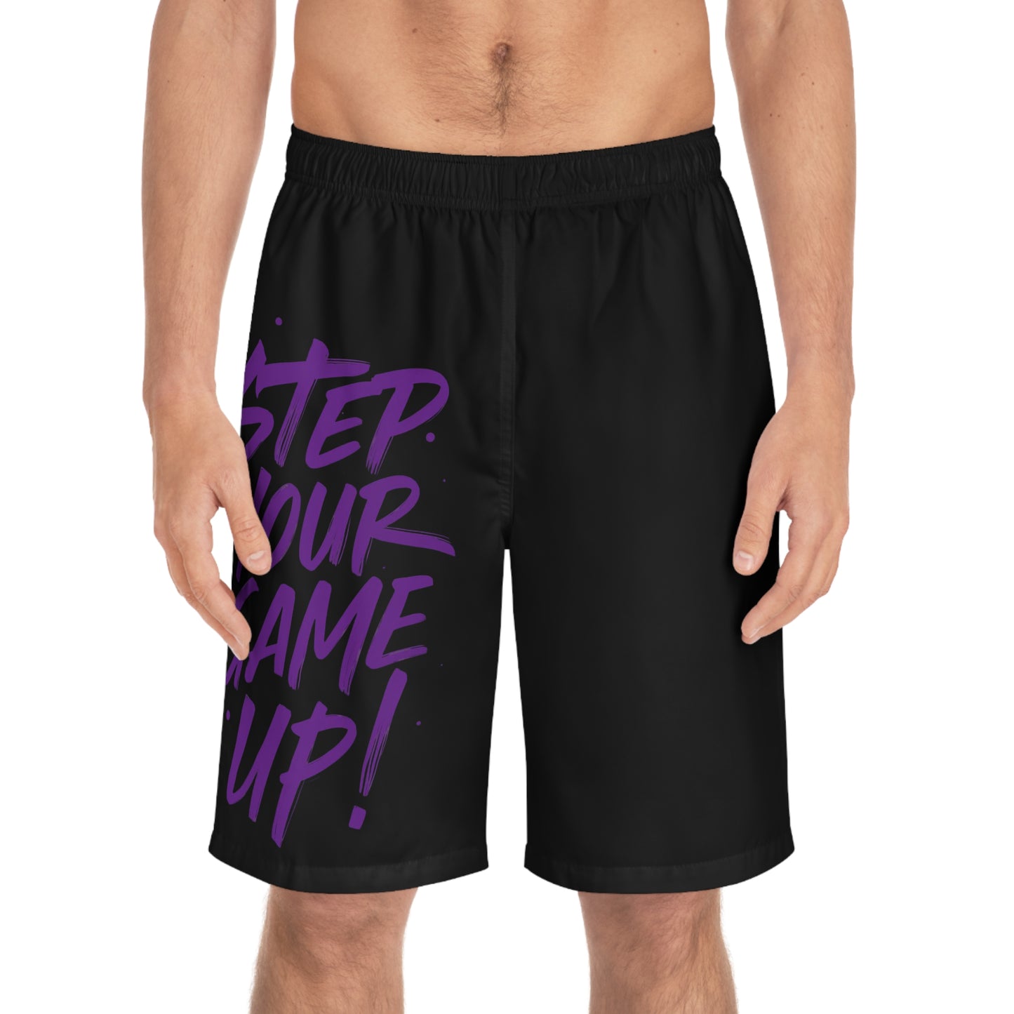 Step Your Game Up - Men's Relaxed Fit Board Shorts Seam thread color automatically matched to design Printify by The Night Shift Automotive Apparel