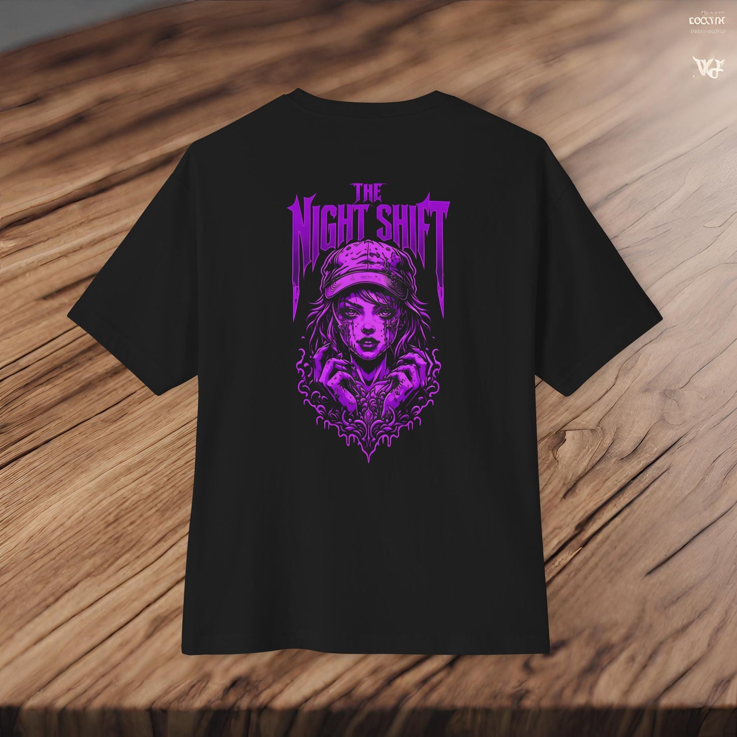 The Night Shift Demonic Promo Girl-Premium, Ultra Soft Unisex Oversized Boxy Tee Printify by The Night Shift Automotive Apparel