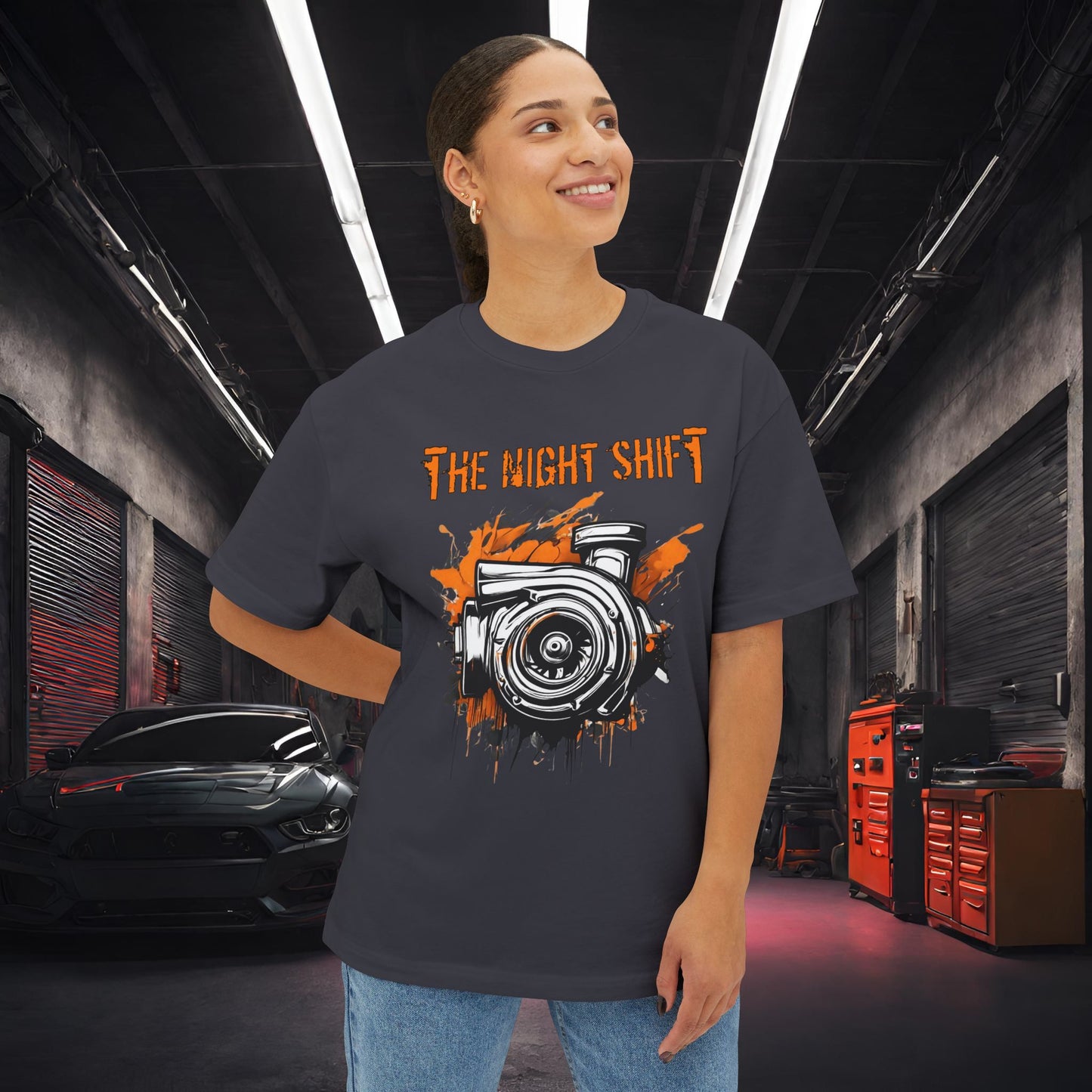 Graffiti Turbo-Premium, Ultra Soft Unisex Oversized Boxy Tee Printify by The Night Shift Automotive Apparel