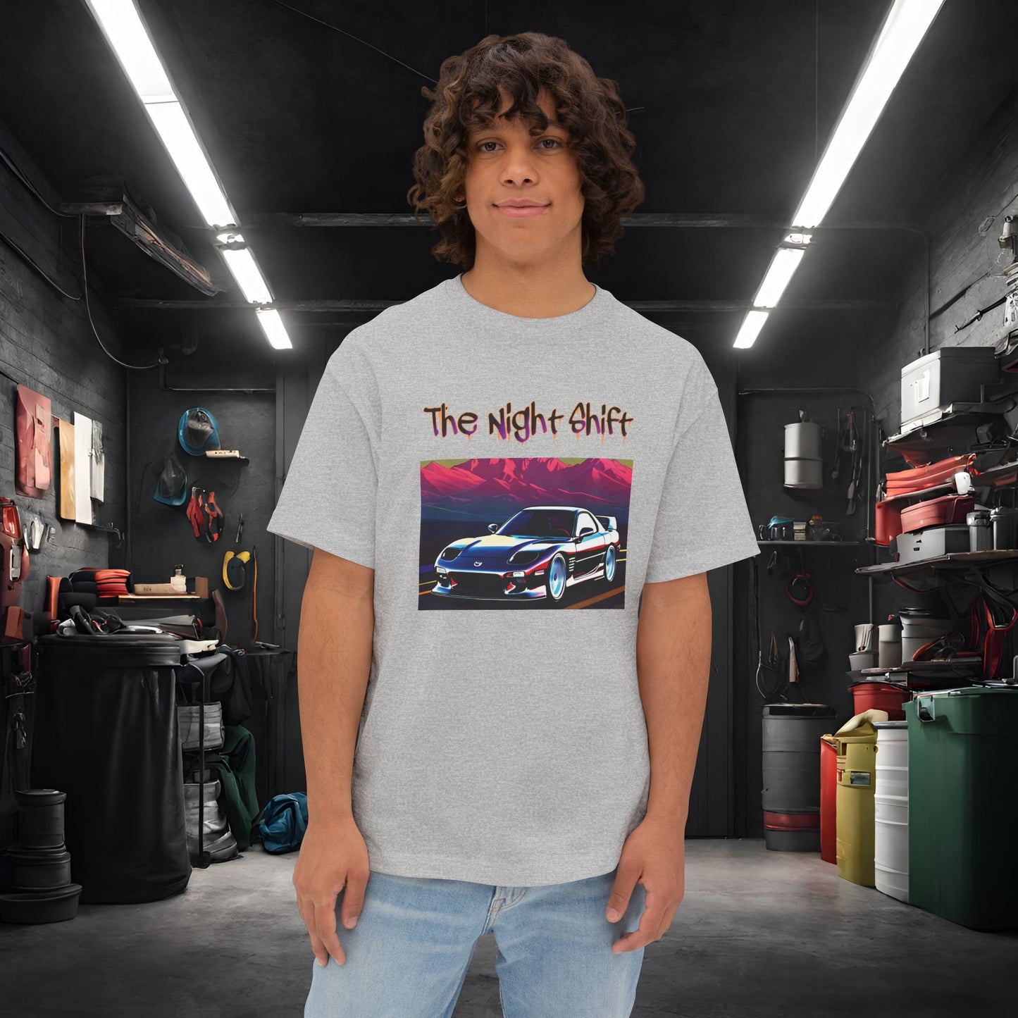 Mazda RX7 Cruising-Premium, Ultra Soft Unisex Oversized Boxy Tee Athletic Heather Printify by The Night Shift Automotive Apparel