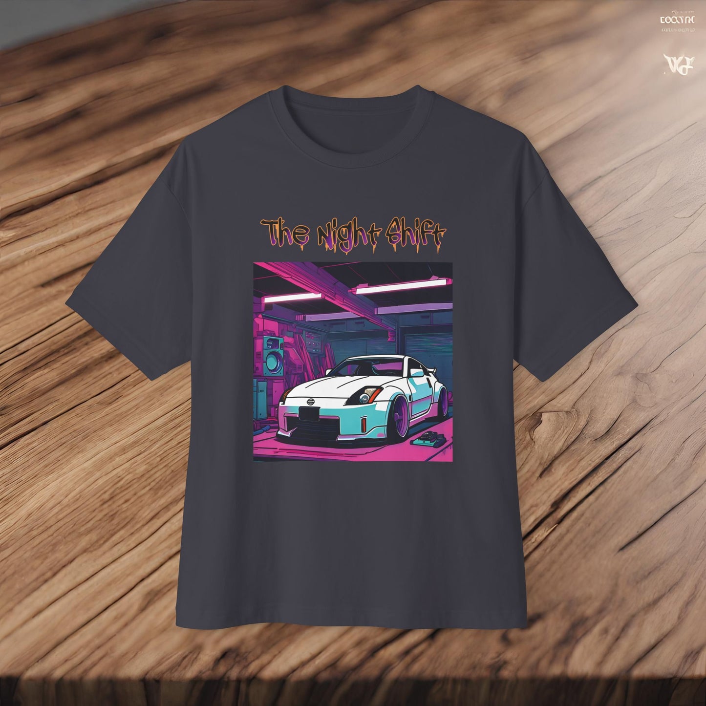Nissan 350z Synthwave-Premium, Ultra Soft Unisex Oversized Boxy Tee Printify by The Night Shift Automotive Apparel