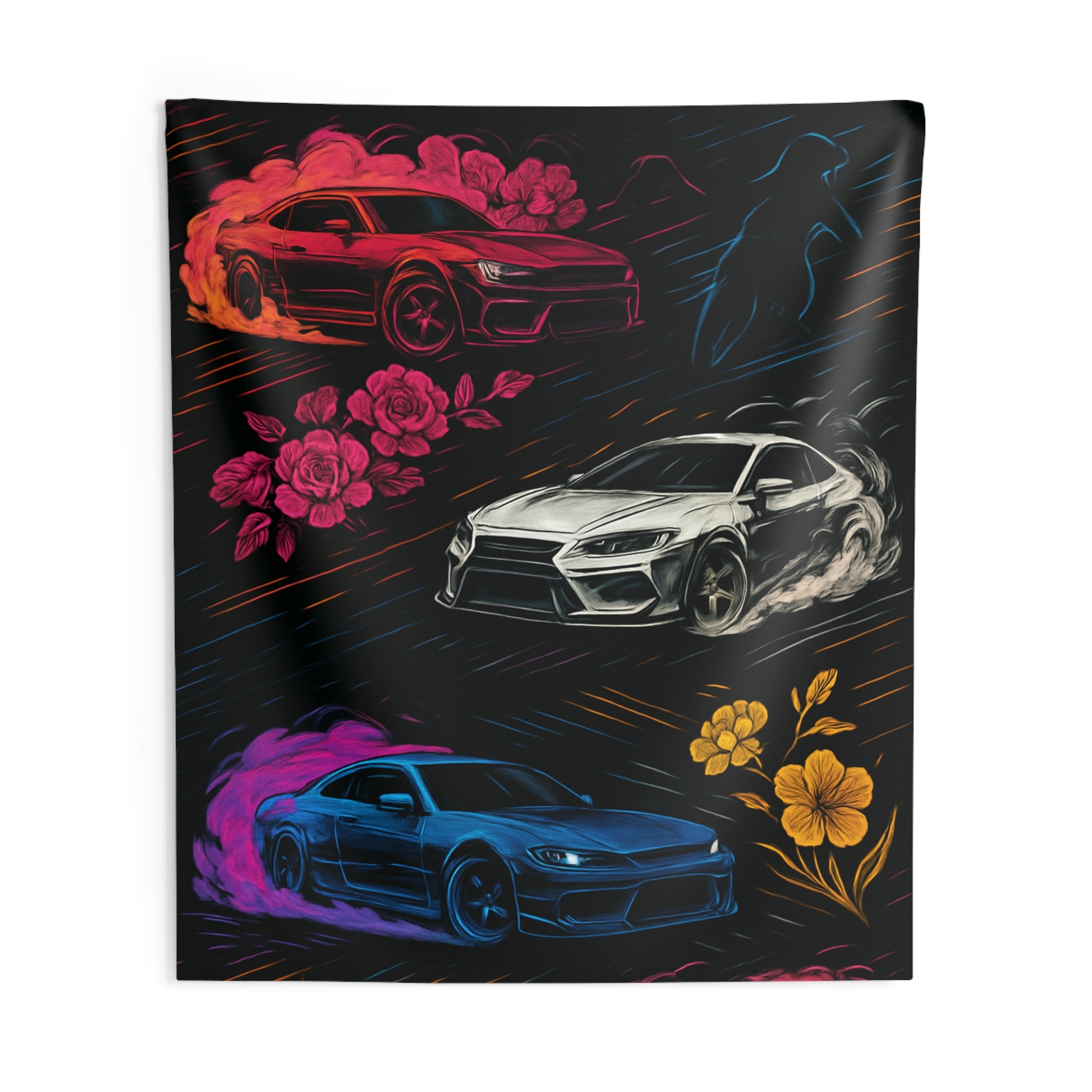 Cars Floral Indoor Wall Tapestries - Shop Banner 88" × 104" Printify by The Night Shift Automotive Apparel