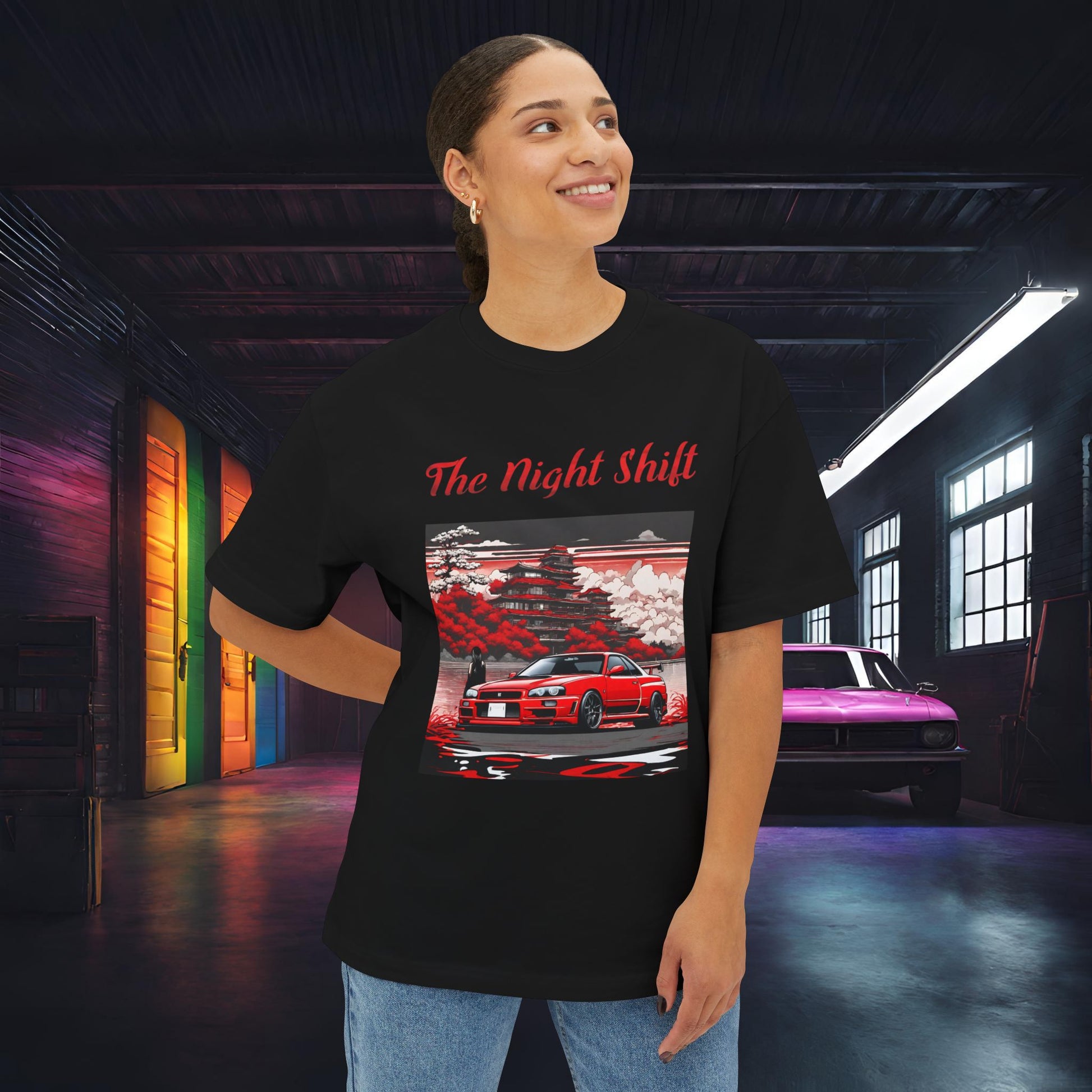 Nissan Skyline R34 Cherry Blossom-Premium, Ultra Soft, Unisex Oversized Boxy Tee Printify by The Night Shift Automotive Apparel