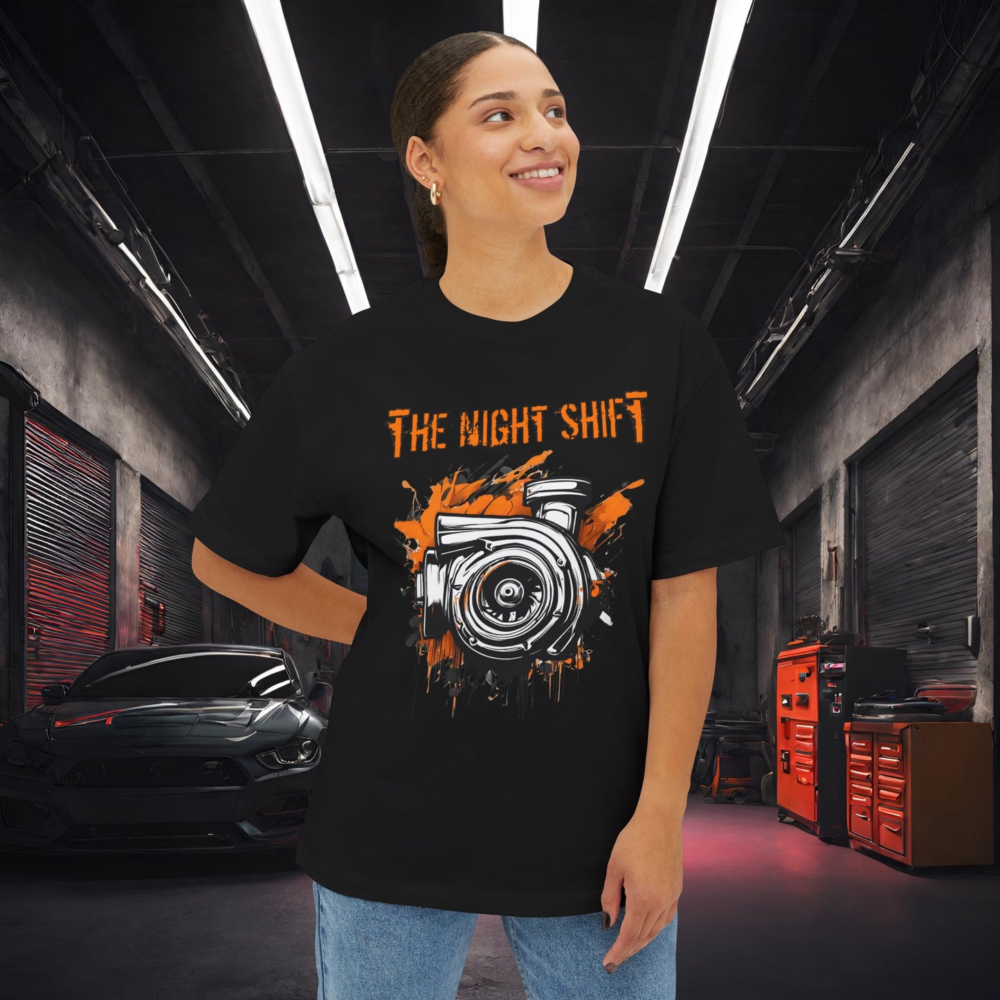 Graffiti Turbo-Premium, Ultra Soft Unisex Oversized Boxy Tee Printify by The Night Shift Automotive Apparel