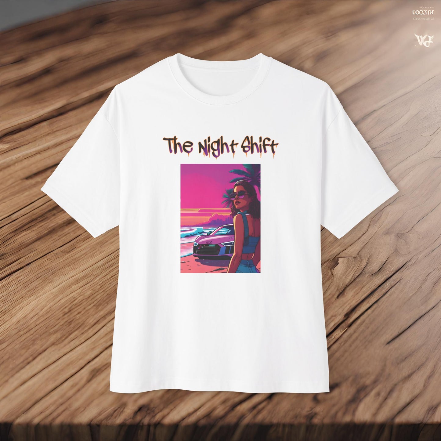 Audi R8 Beach Cruise Synthwave-Premium, Ultra Soft Unisex Oversized Boxy Tee Printify by The Night Shift Automotive Apparel