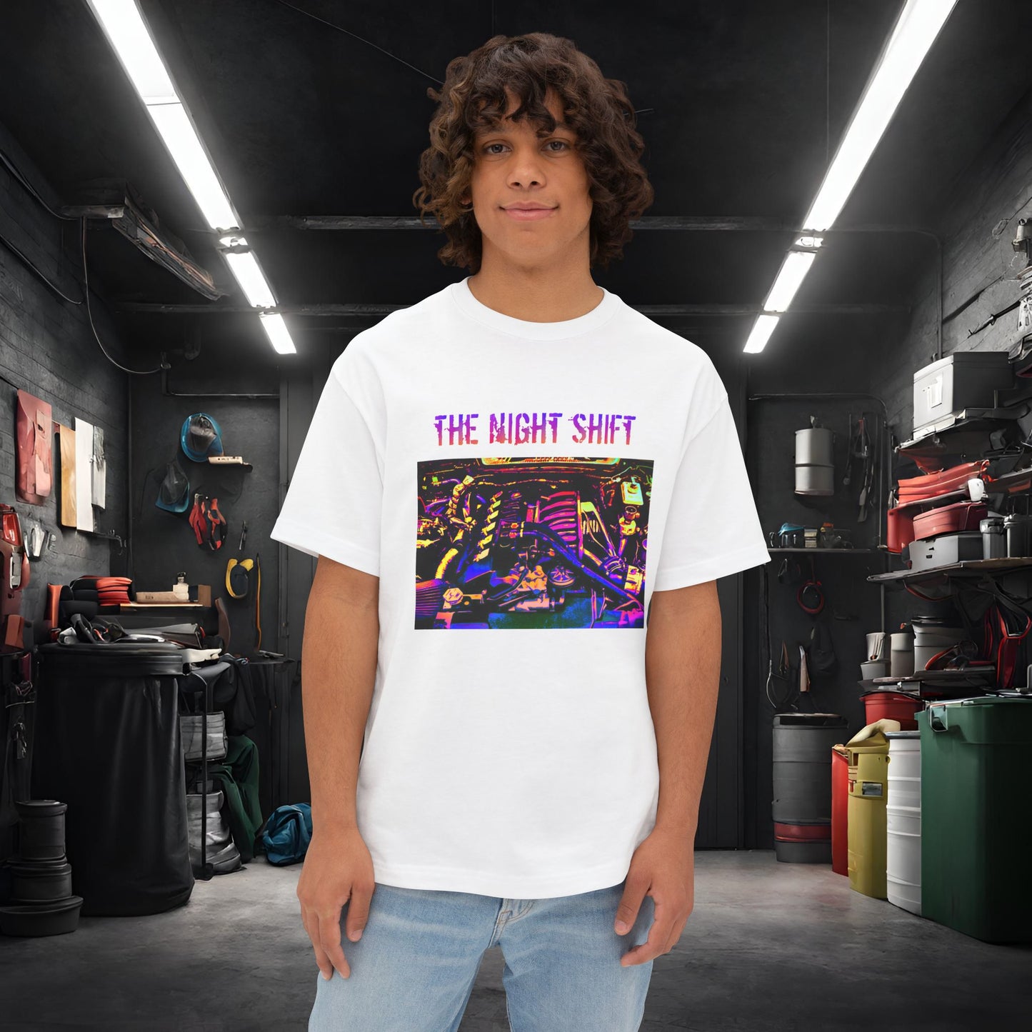 S50B32 Synthwave-Premium, Ultra Soft Unisex Oversized Boxy Tee White Printify by The Night Shift Automotive Apparel