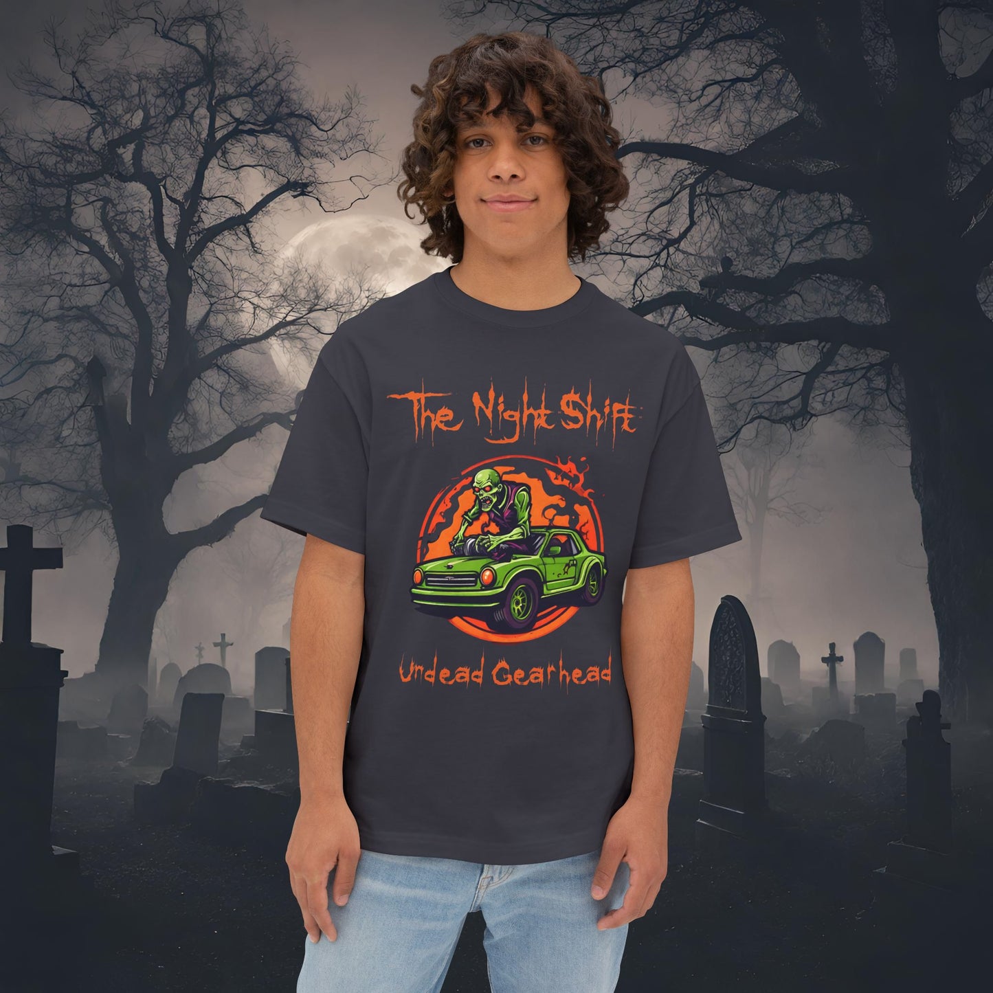 Undead Gearhead Zombie-Premium, Ultra Soft Unisex Oversized Boxy Tee Dark Grey Printify by The Night Shift Automotive Apparel