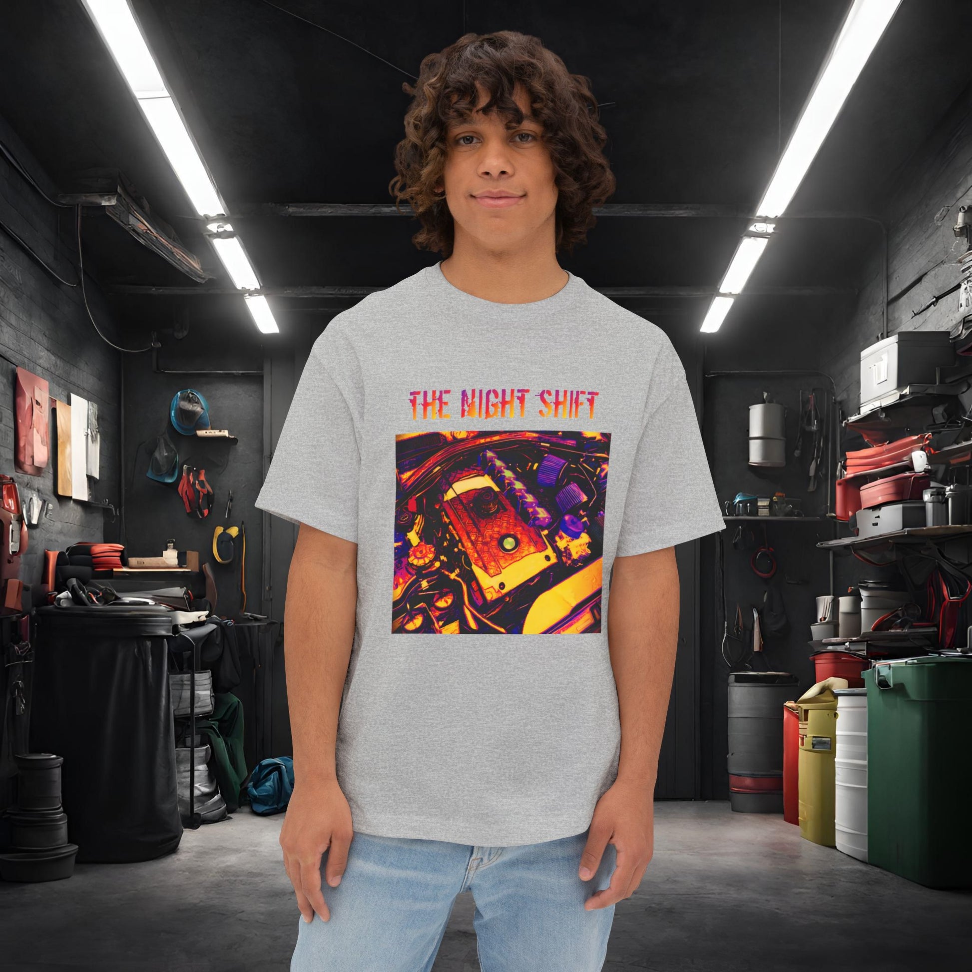 N54 Synthwave Unisex Oversized Boxy Tee Athletic Heather Printify by The Night Shift Automotive Apparel