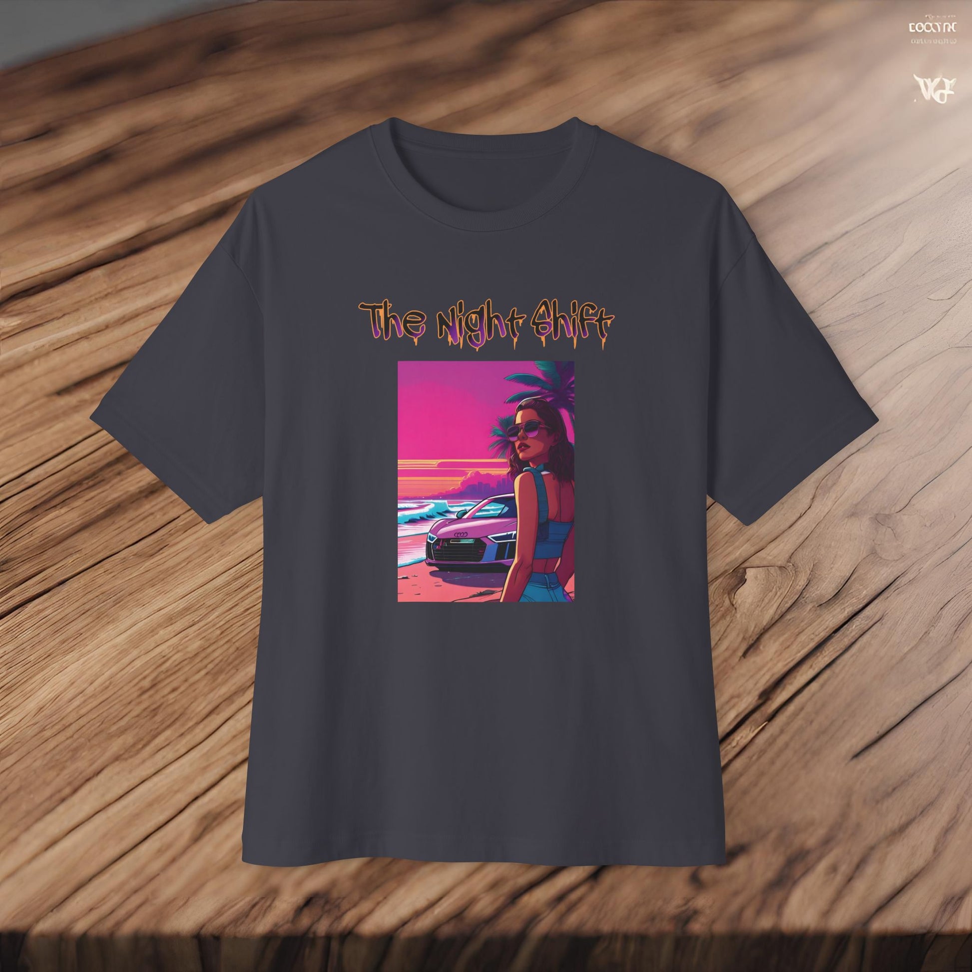 Audi R8 Beach Cruise Synthwave-Premium, Ultra Soft Unisex Oversized Boxy Tee Printify by The Night Shift Automotive Apparel