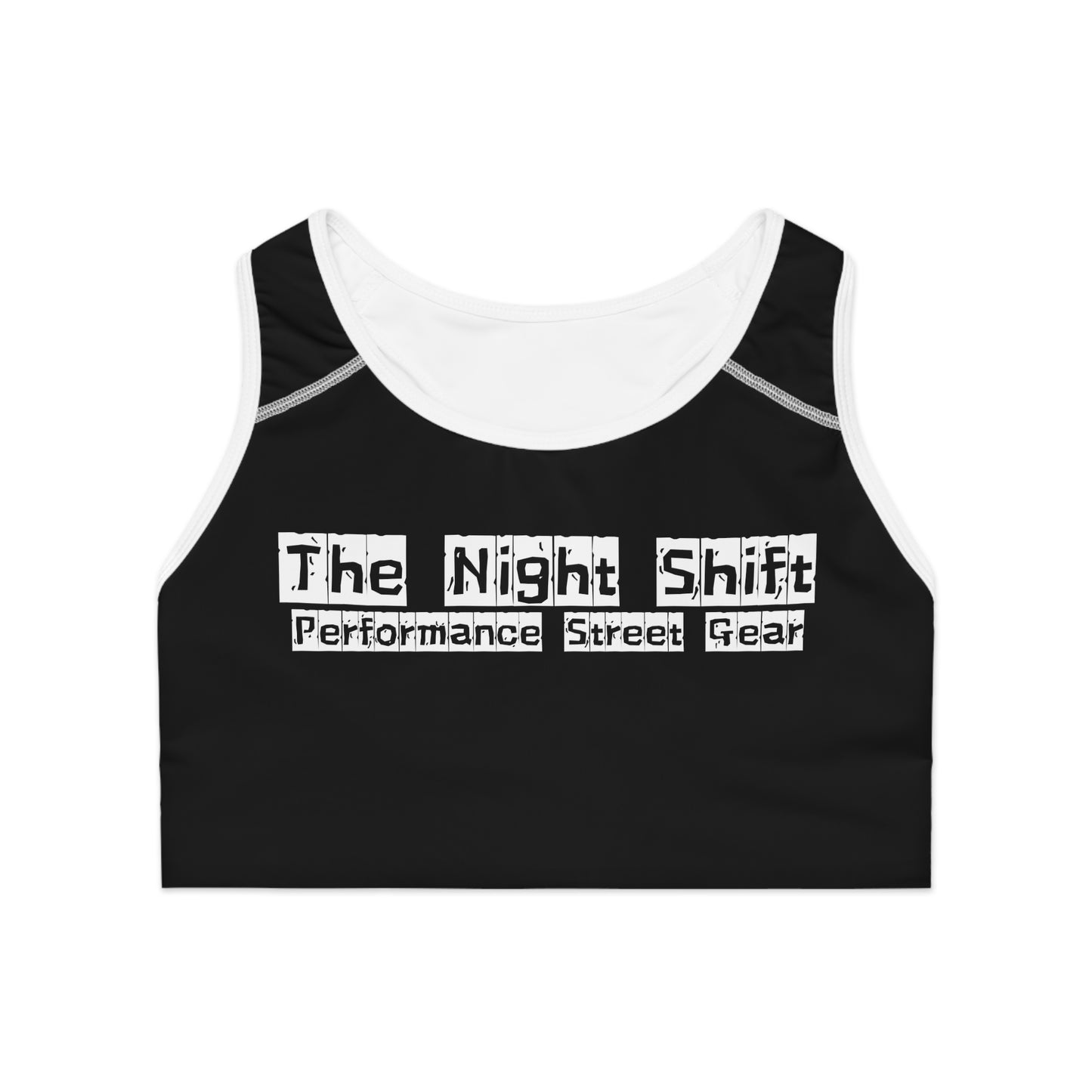 Women's Sports Bra White stitching Printify by The Night Shift Automotive Apparel