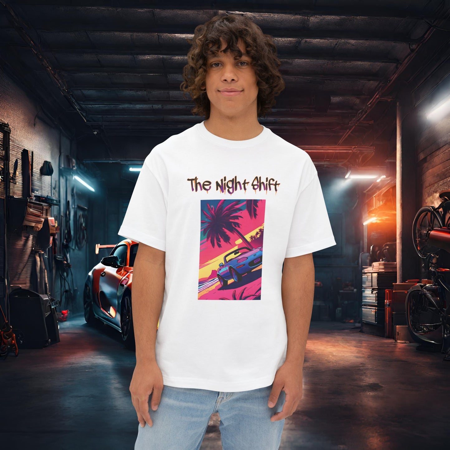 Miata Topless Beach Cruise Synthwave-Premium, Ultra Soft Unisex Oversized Boxy Tee White Printify by The Night Shift Automotive Apparel
