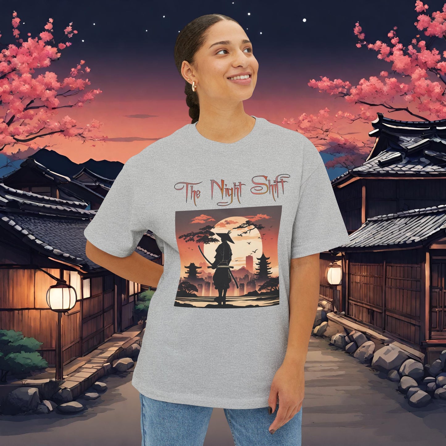 Samurai Full Moon Silhouette-Premium, Ultra Soft Unisex Oversized Boxy Tee Printify by The Night Shift Automotive Apparel