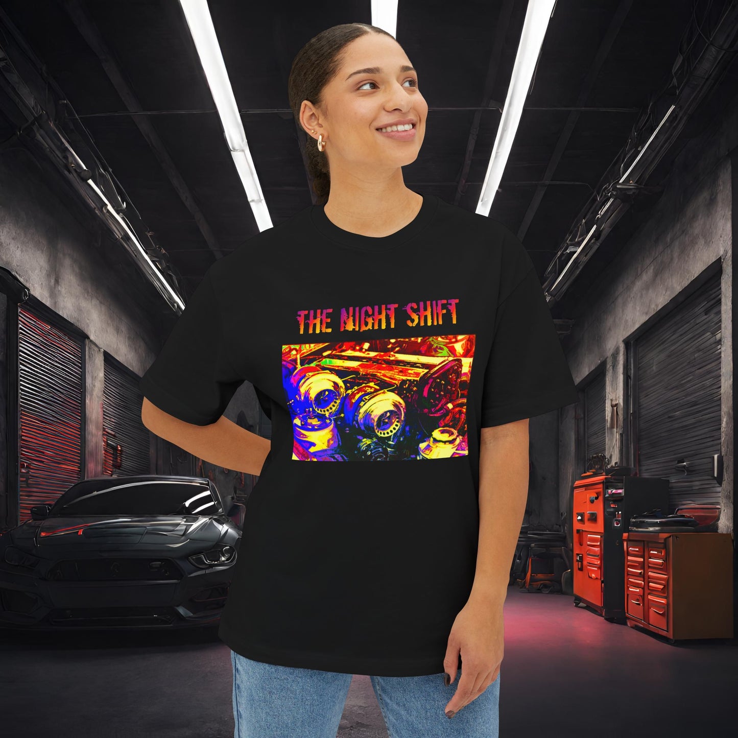 1JZ-GTE Twin Turbo Synthwave-Premium, Ultra Soft Unisex Oversized Boxy Tee Printify by The Night Shift Automotive Apparel
