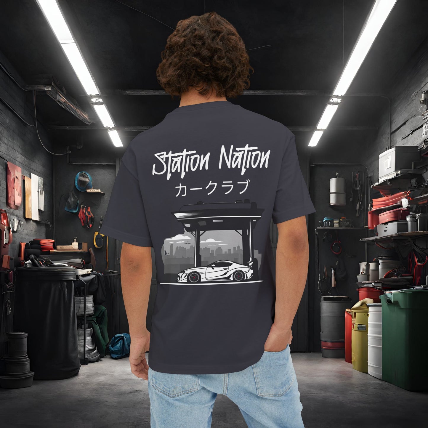 Station Nation-Premium, Ultra Soft Unisex Oversized Boxy Tee Dark Grey Printify by The Night Shift Automotive Apparel